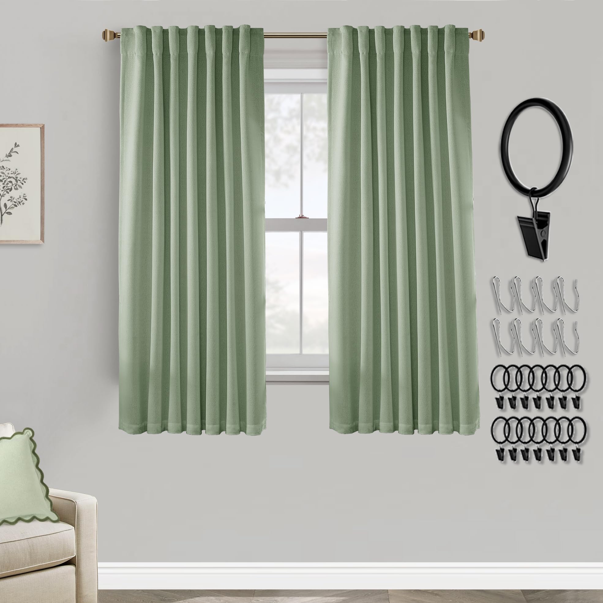 Kitchen Curtains 63 Inch Length,Linen Blackout Back Tab Rod Pocket Black Out Curtains 63 Inch Long 2 Panels Set for Living Room 