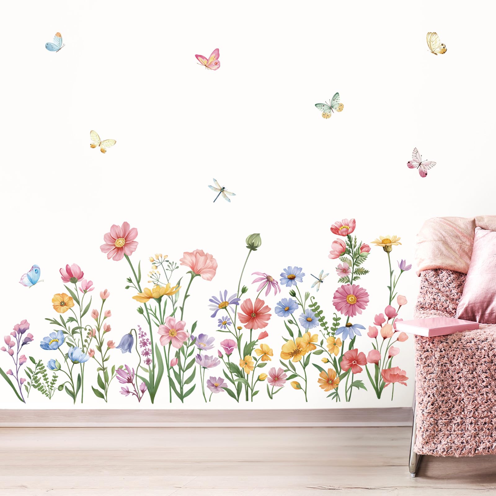 Wondever Pink Wildflower Wall Stickers Garden Flower Daisy Butterflies Floral Botanical Wall Art Decals For Bedroom Living Room