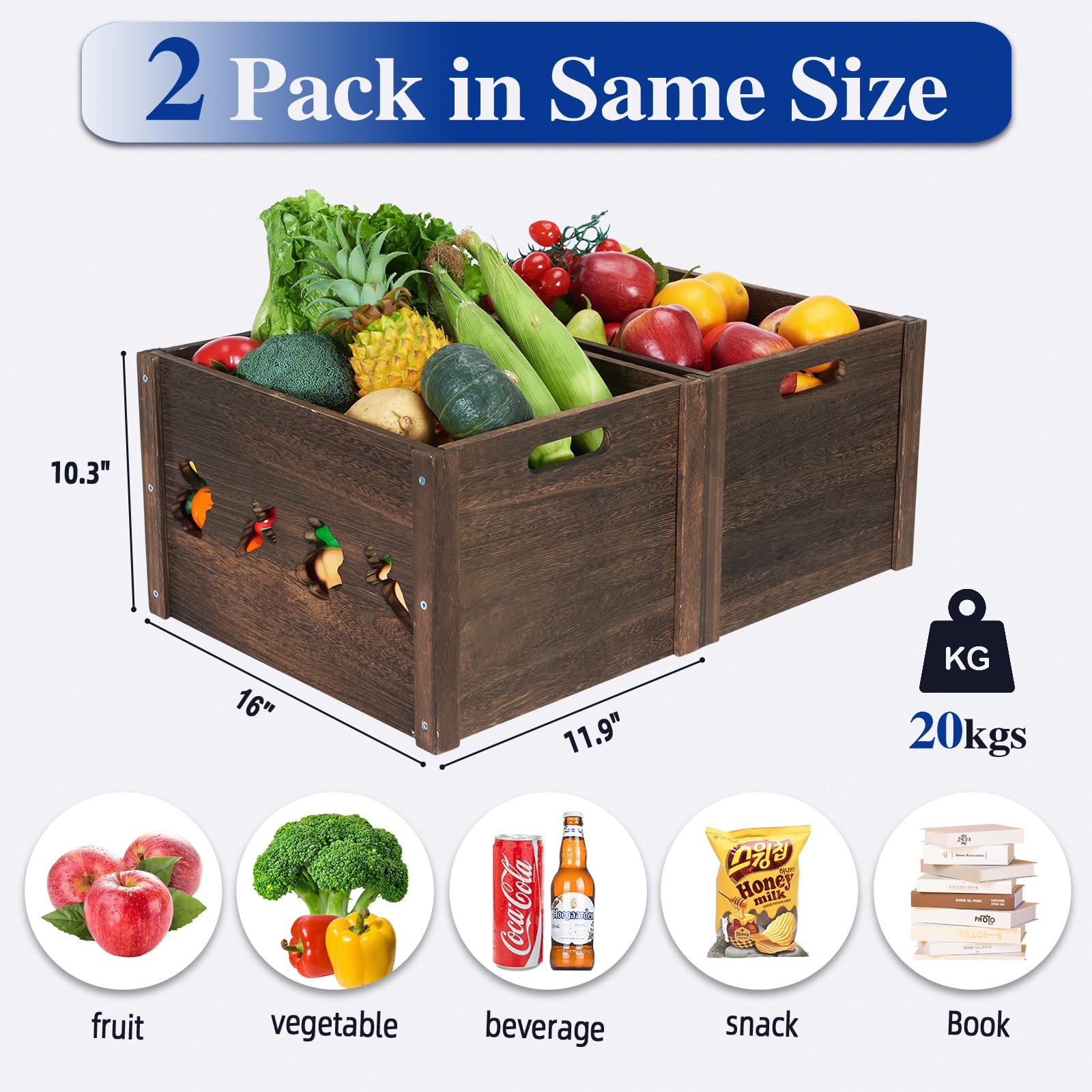 ROSOS Wooden Crates, Farmhouse Wooden Crates for Storage with Carved Cute Patten, Solid Wood Crates for Display, Durable & Handm