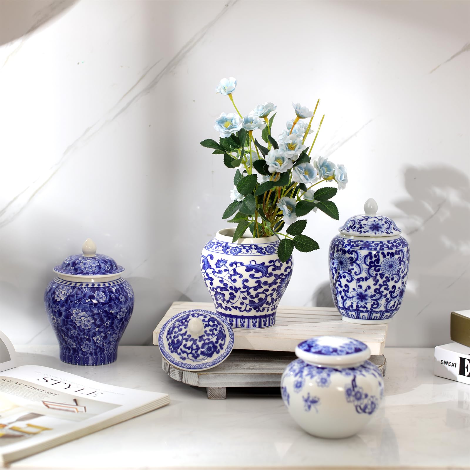 Hushee Set of 4 Small Blue and White Vase Porcelain Vases Blue Chinoiserie Decor Porcelain Ginger Jars for Home Decor Chinoiseri