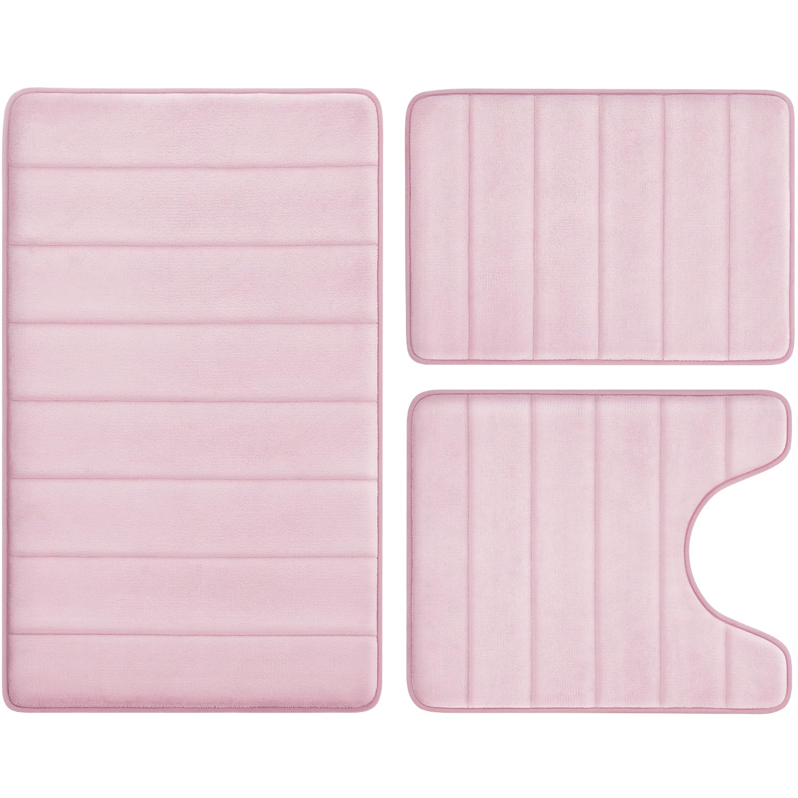 Bysure Pink Memory Foam Bathroom Rug Set 3 Piece, Non Slip Extra Soft Absorbent Bath Mats, Machine Washable & Dry Toilet Mat Set