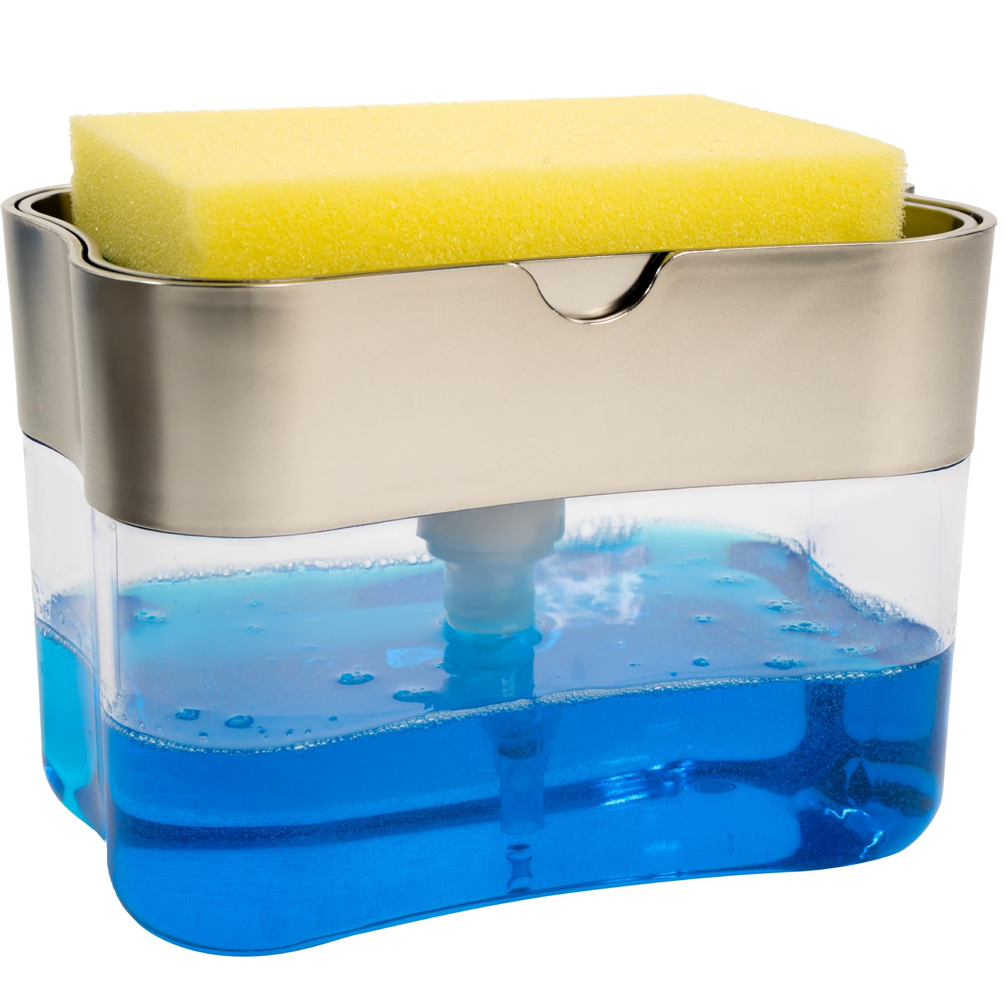 S&T INC. Dish Soap Dispenser and Sponge Holder for Kitchen Sink  Sponge Included  13 Ounces  Metallic Silver