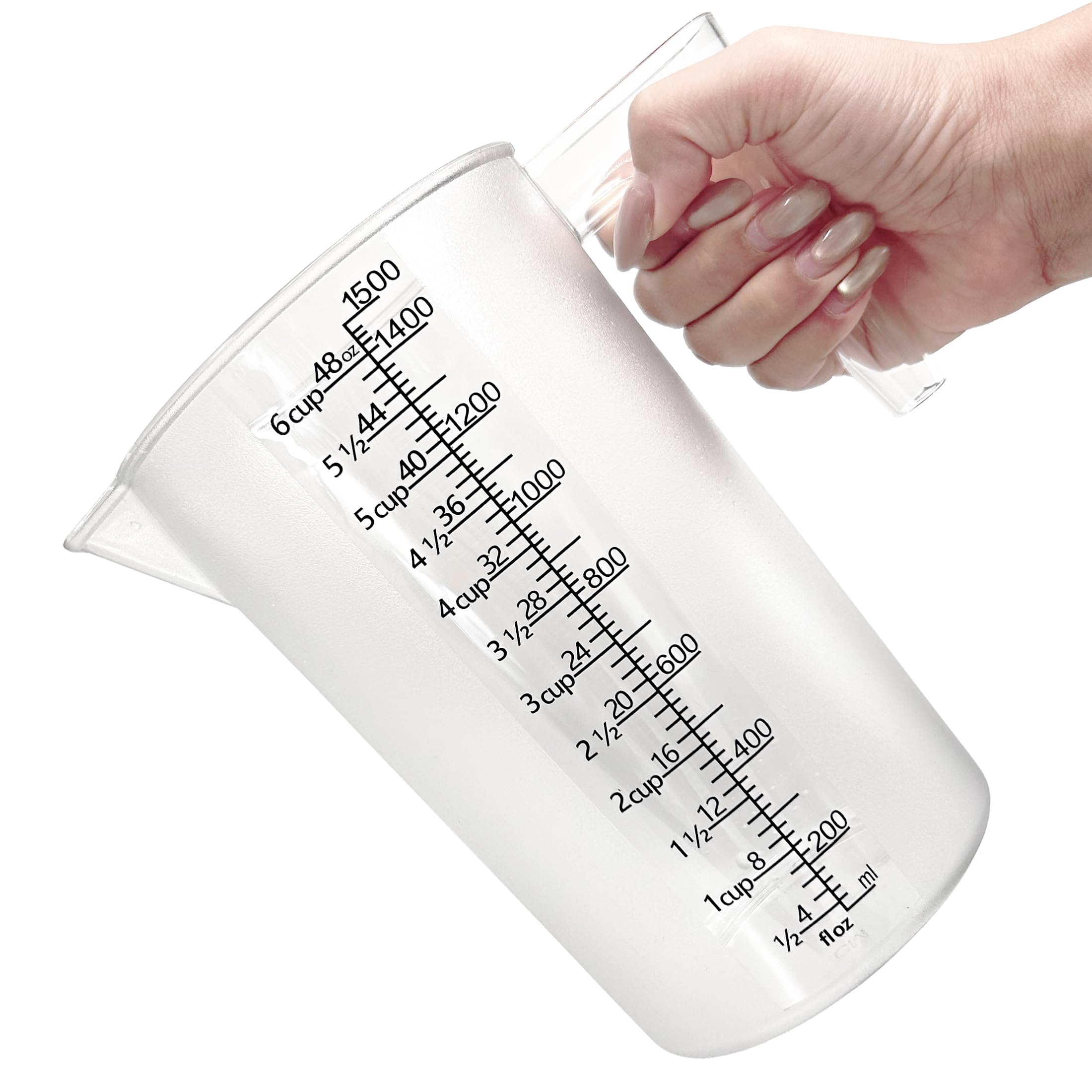 Liquid Measuring Cup with Handle, 48 oz / 6 Cup / 1500 ml Plastic Measuring Pitcher, Permanent LaserEtched Markings, Large Meas