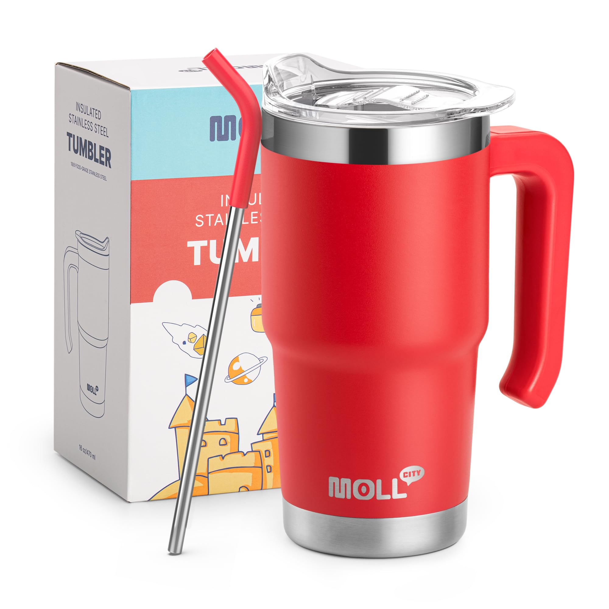 Mollcity Kids Tumbler with Handle-16 oz Stainless Steel Vacuum Insulated Water Cup with Lid and Straw for Travel, Cupholder Frie