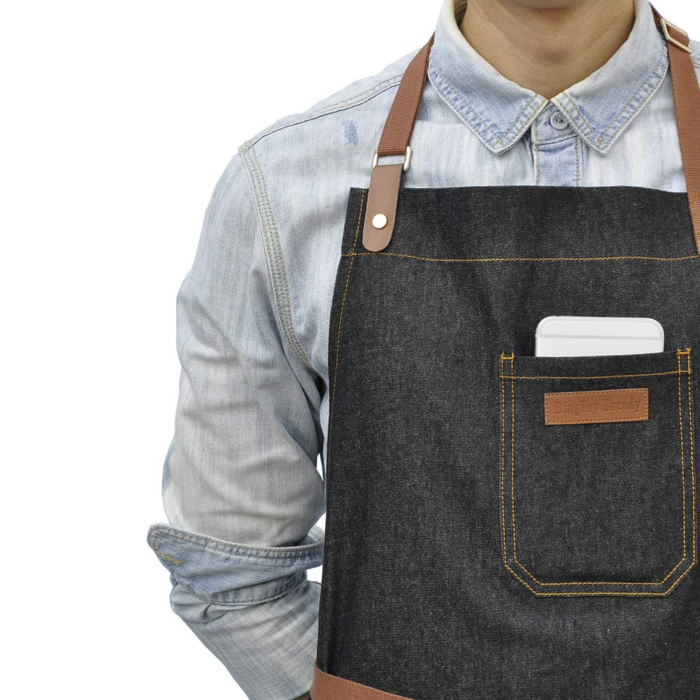 Dingsay Trendy Denim Chef Apron With Pockets, Mens Womens Professional Kitchen Bib Black Apron For Cooking Grill Bbq Server, Wit