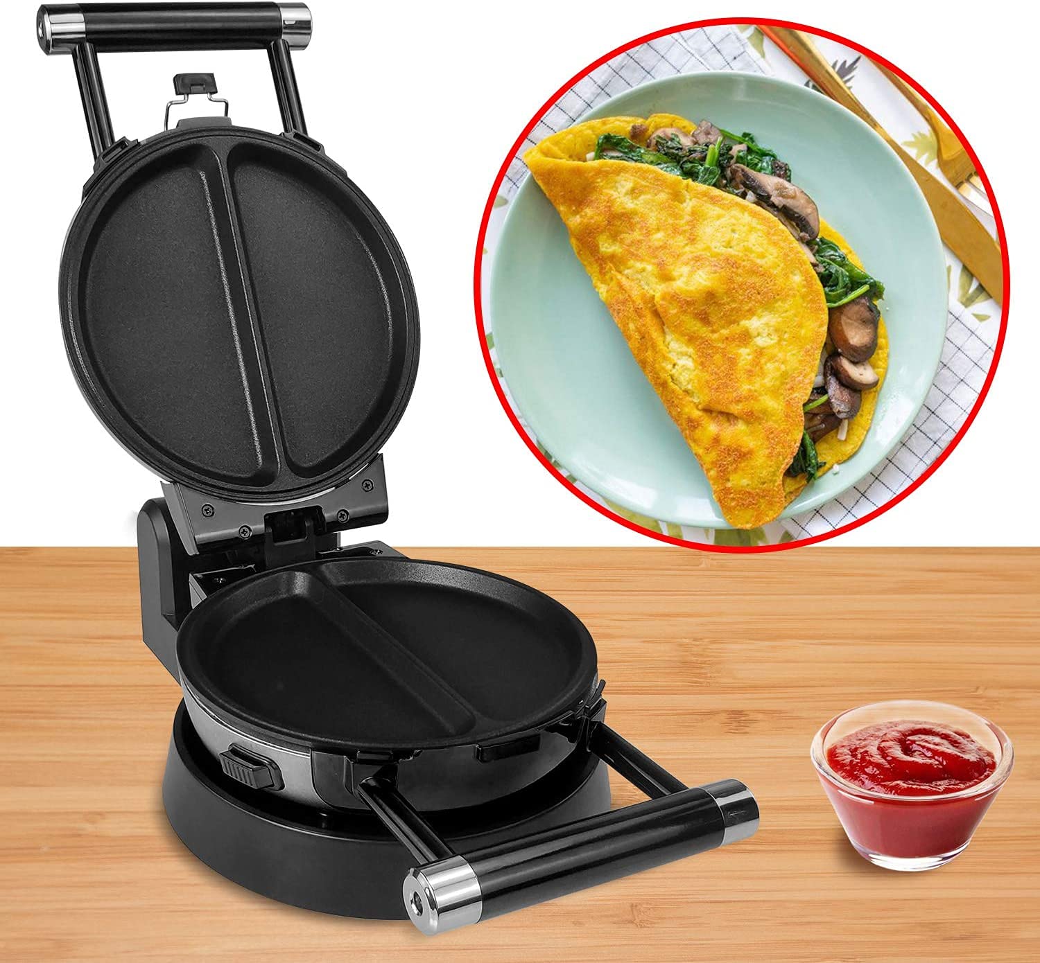 Health and Home 360 Rotating Belgian Multifunction Nonstick Baking Waffle Maker with 2 sets of Interchangeable Belgian Waffle and Omelet Baking plates
