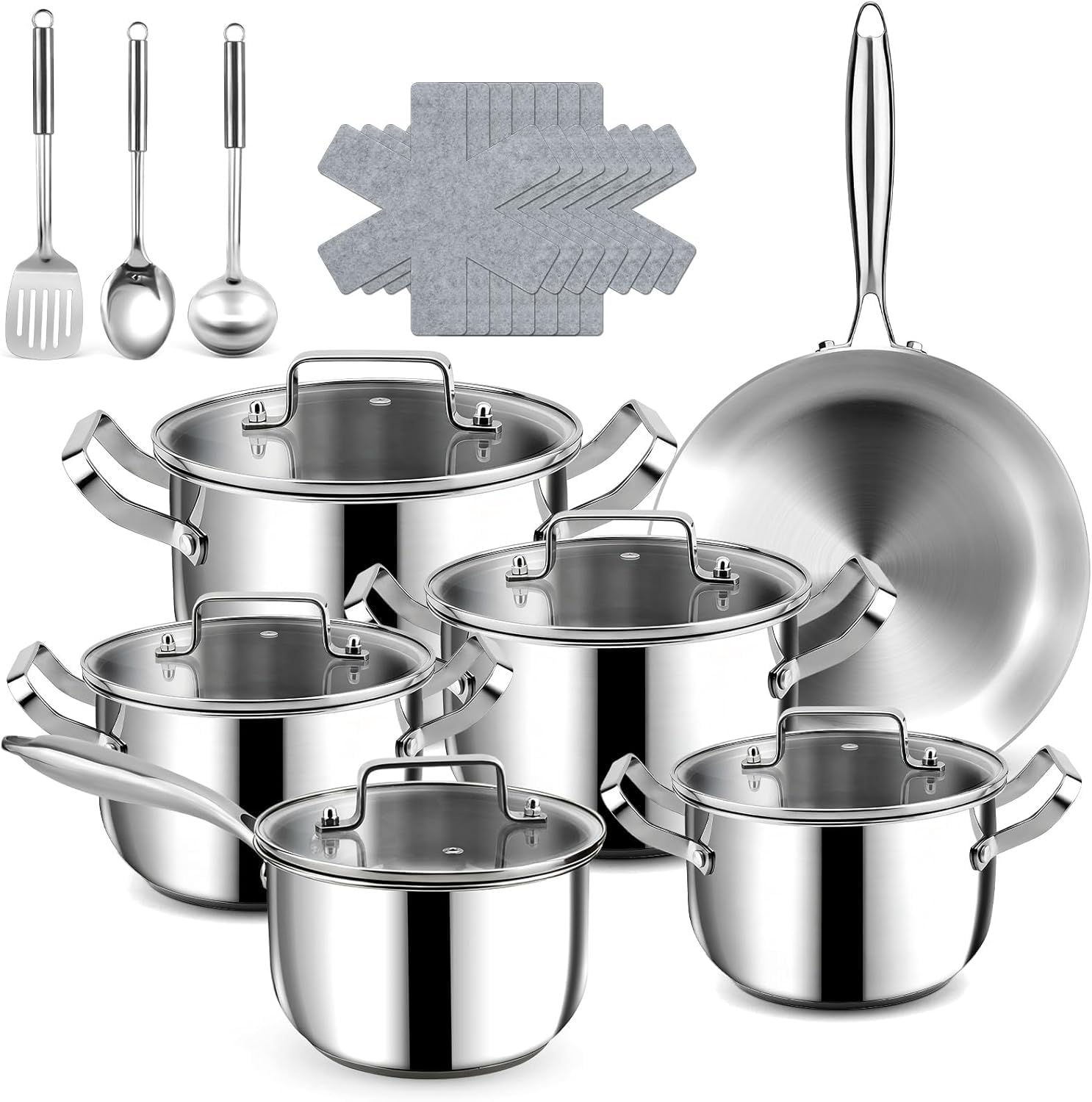 Fruikit Stainless Steel Cookware Set  21 PCS Pots and Pans Set with 3Ply Stainless Steel Frying Pan, Professional Kitchen Cook