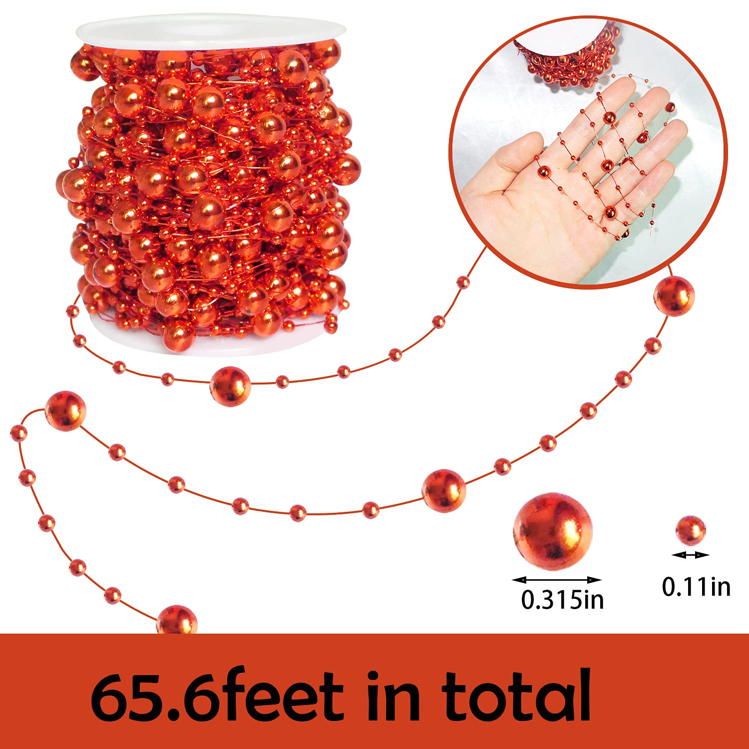 HADDIY Red Beads Garland for Christmas Tree,66 Feet Plastic Pearl Strands Chain Beaded Garlands for Holiday D  cor and Crafts