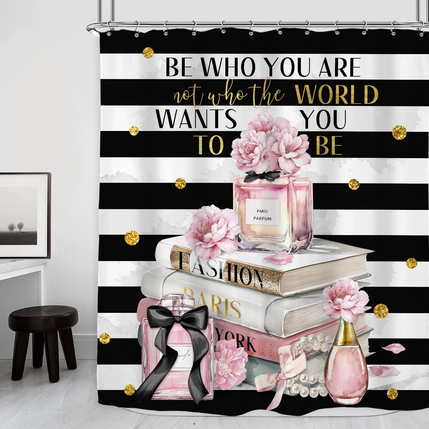 Riyidecor Pink Shower Curtain 60Wx72H Inch Fashion Shower Curtain Modern Woman Girl Black and Pink Magazine Books Perfume Striped Flowers Bathroom Decor Fabric Polyester Waterproof 12 Pack Hooks