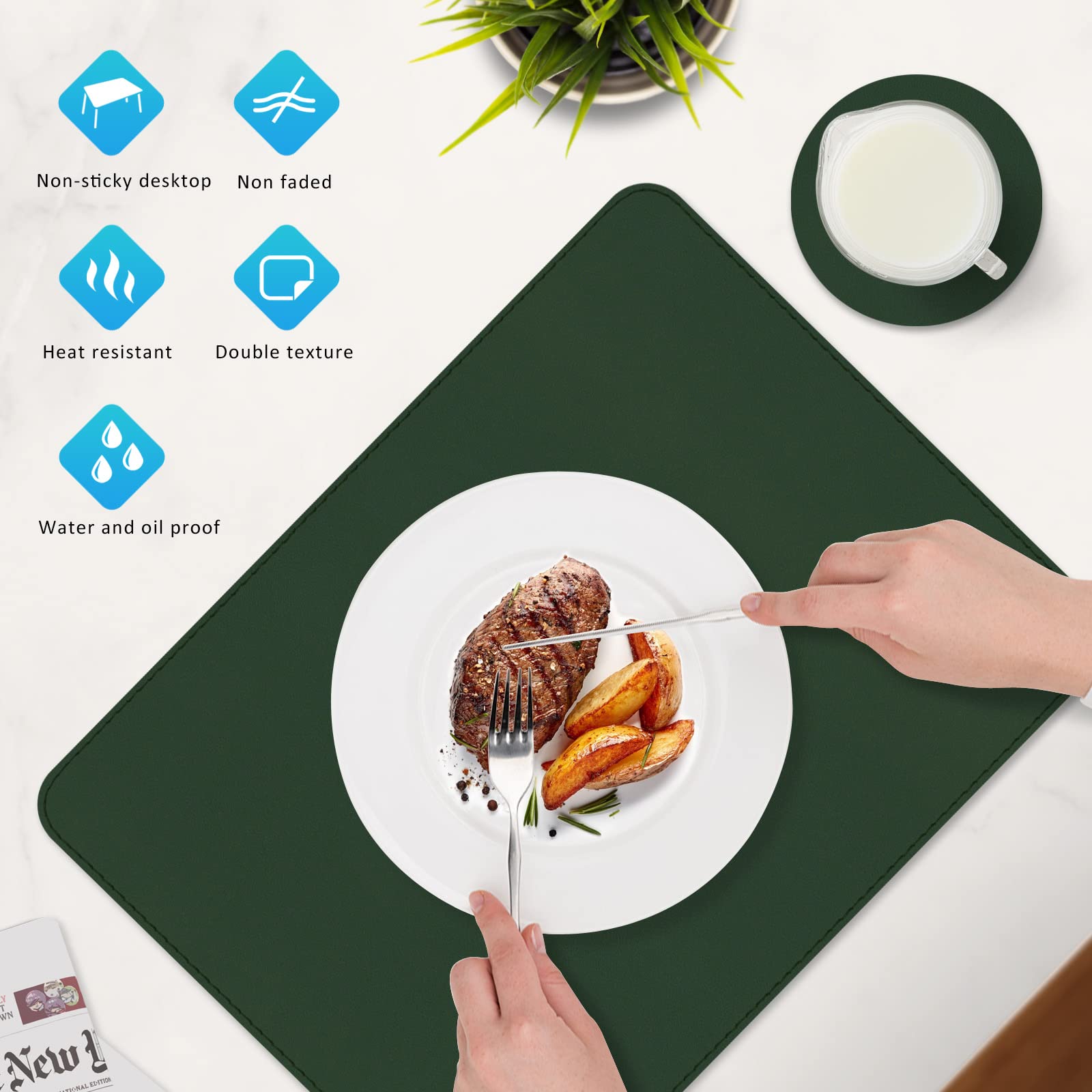 Aplker Vinyl Placemats Set Of 6, Green Waterproof Faux Leather Heat Resistant Kitchen Place Mats, Wipeable Dining Table Place Ma