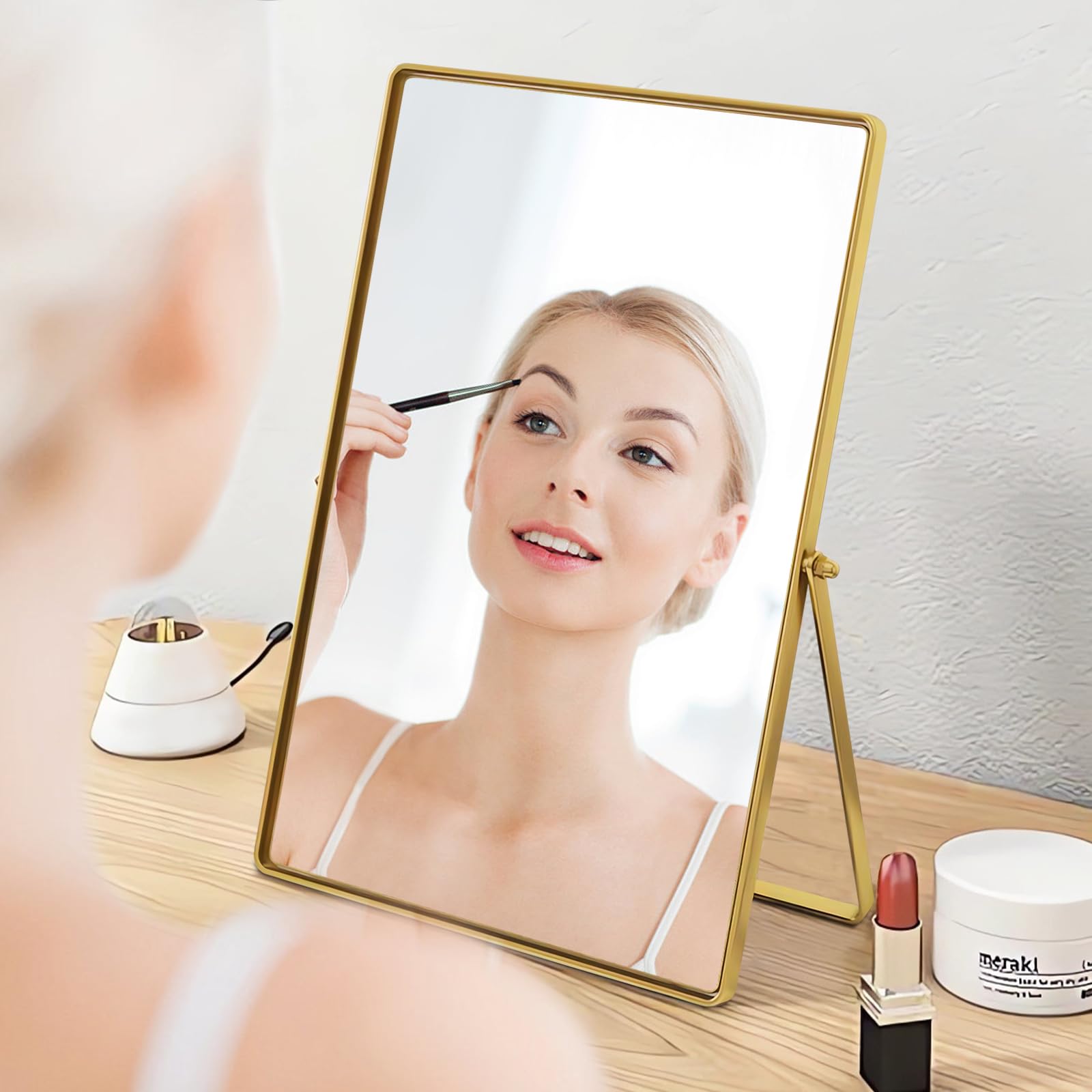 Numjeg Desktop Vanity Makeup Mirror Portable Standing Mirror with Metal Stand 90Adjustable Rectangular Desk Table Mirrors Good f