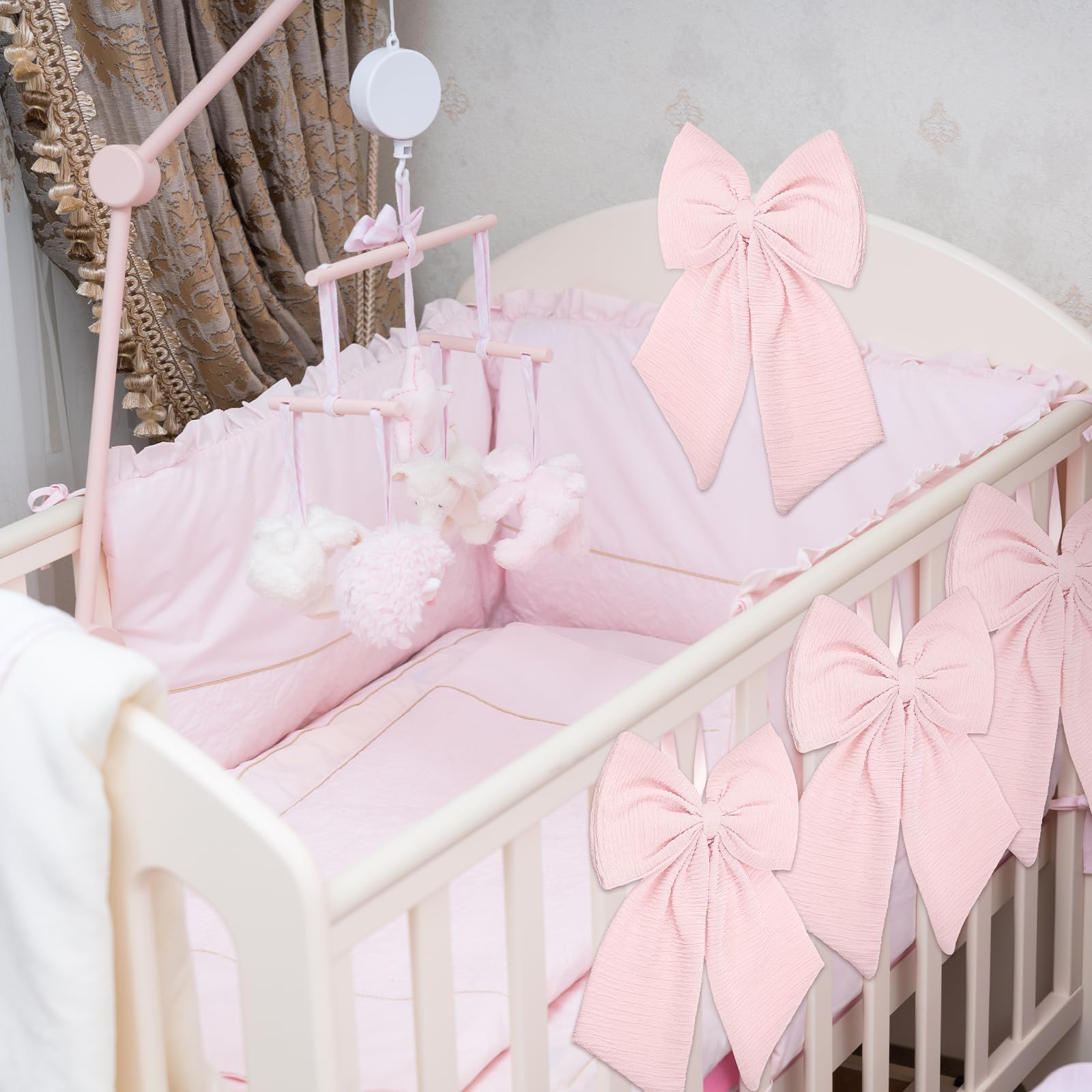 Riceshoot 2 Pcs Large Crib Bows 11 x 16 inch Coquette Bow Decorations for Nursery Crib Canopy Bed Large Bow Room Nursery Decor I