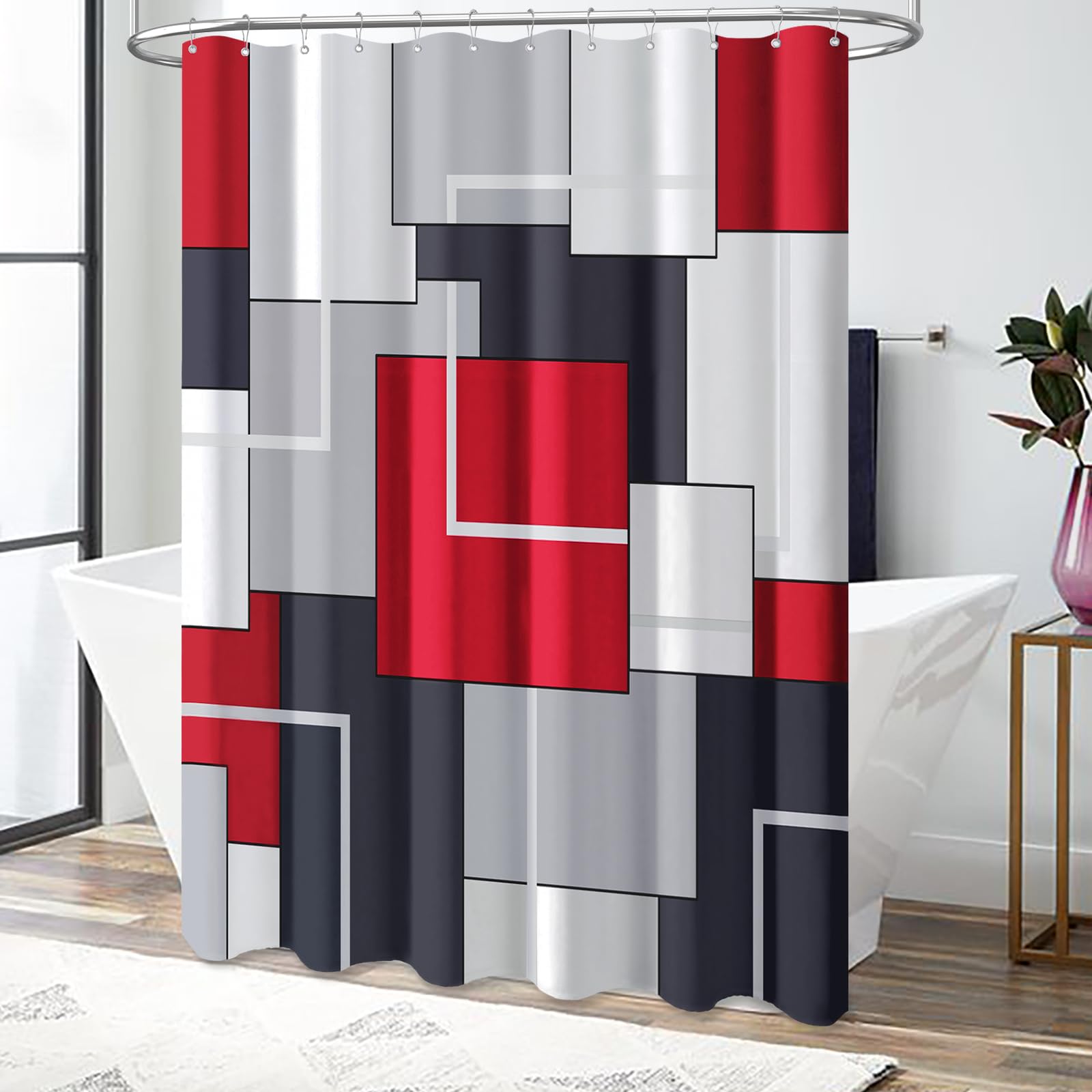 BTTN Red Fabric Shower Curtain  Modern Geometric Cloth Shower Curtain Set with Plastic Hooks  Water Repellent  Weighted Hem  Abstract Decorative Polyester Shower Curtains for Bathroom  72 x 72