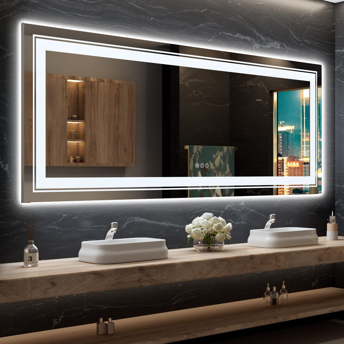 Snowdool 96X36 Led Bathroom Mirror With Lights, Front And Backlit Mirror Bathroom, Stepless Dimmable, Anti-Fog Led Mirror, Light