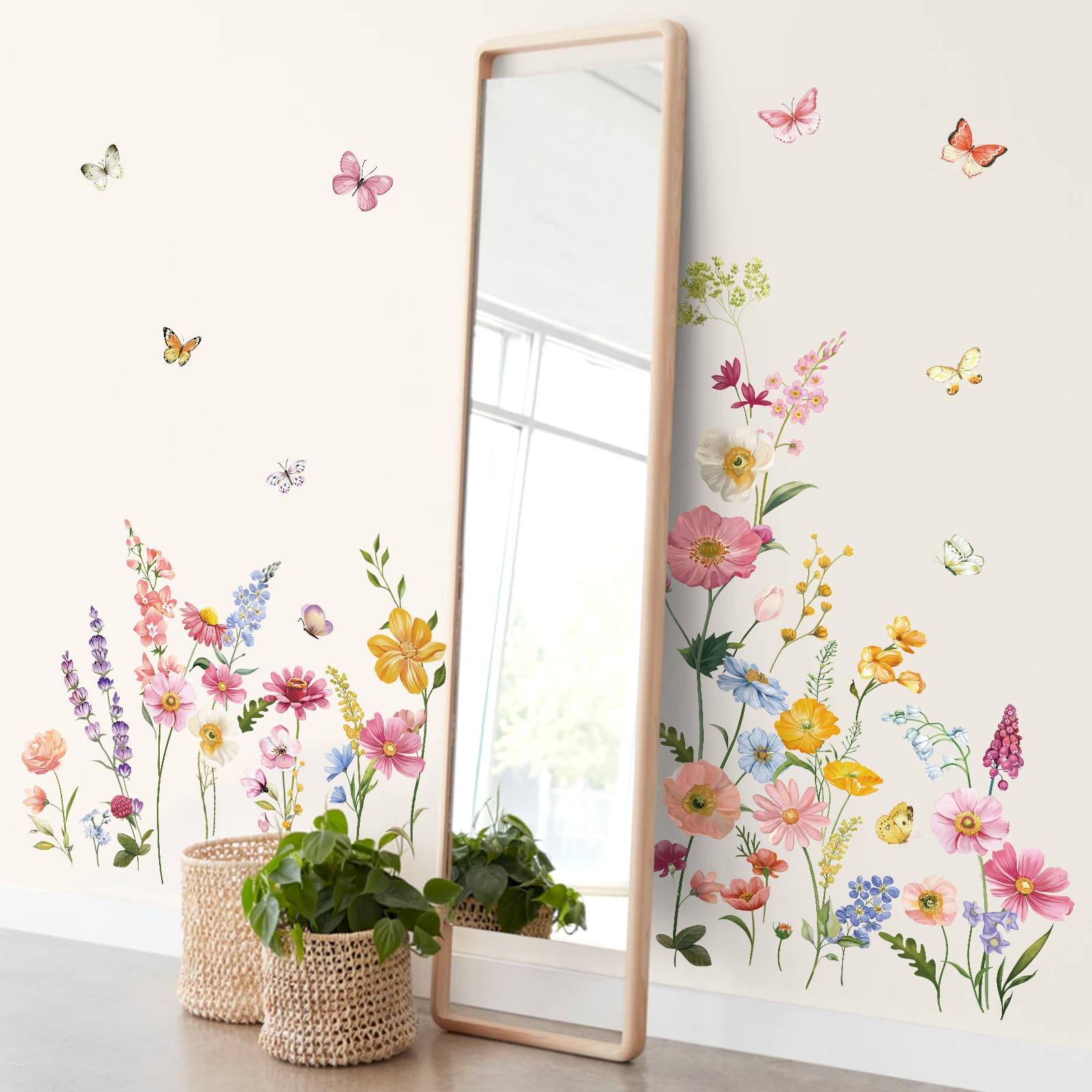 Decalmile Flower Wall Decals Daisy Wildflower Grass Butterflies Wall Stickers Girls Bedroom Living Room Home Office Wall Decor