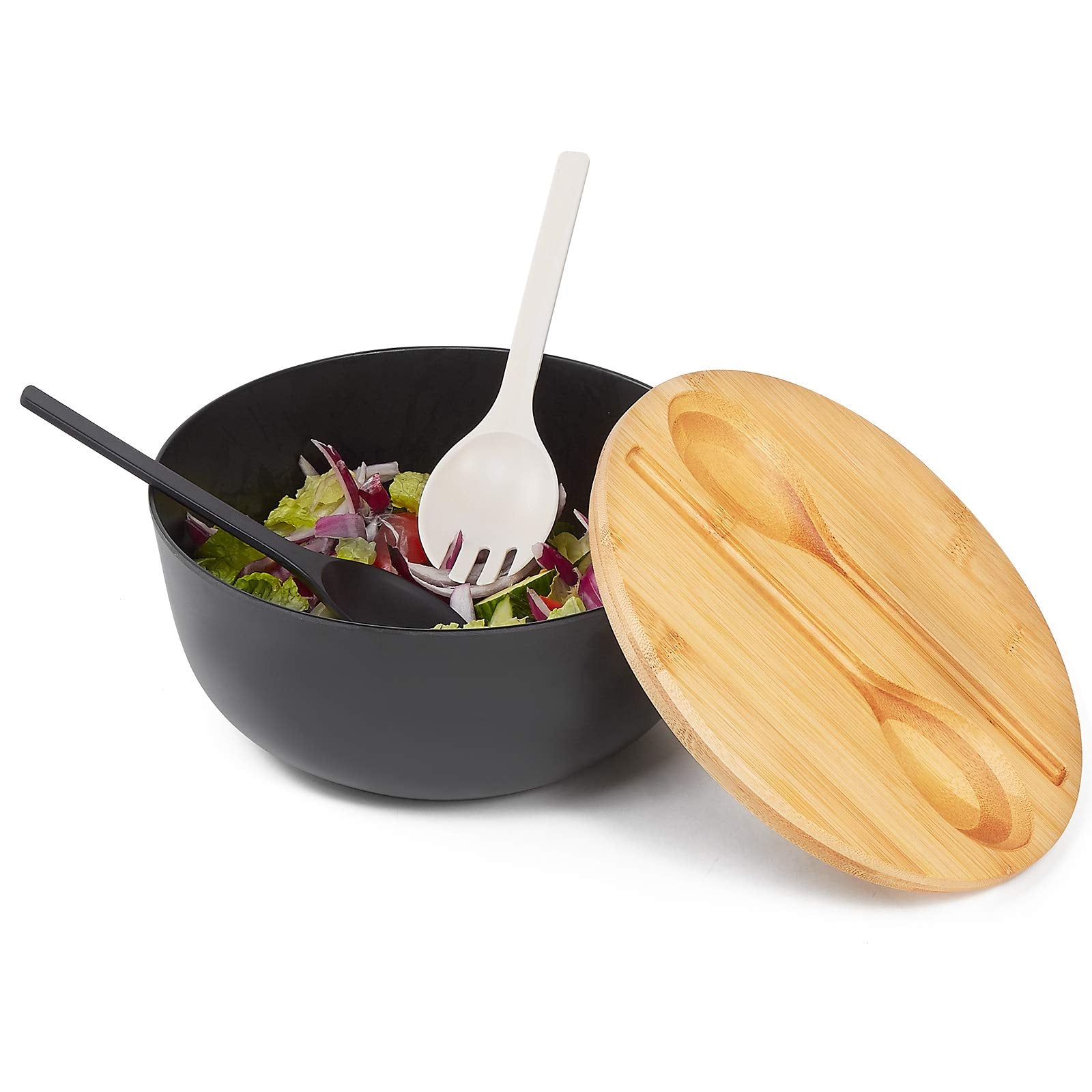 Ecohagou 10'' Large Salad Serving Bowl With Utensils In Lid, Bamboo Fiber Salad Bowl With Lid, Mixing Bowl With Servers Set For