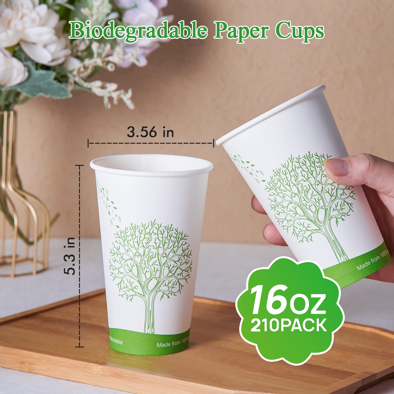 Ecolipak [210 Count] 16 Oz Compostable Cups, Biodegradable Disposable Paper Cups With Pla Lined, Eco-Friendly Paper Coffee Cups