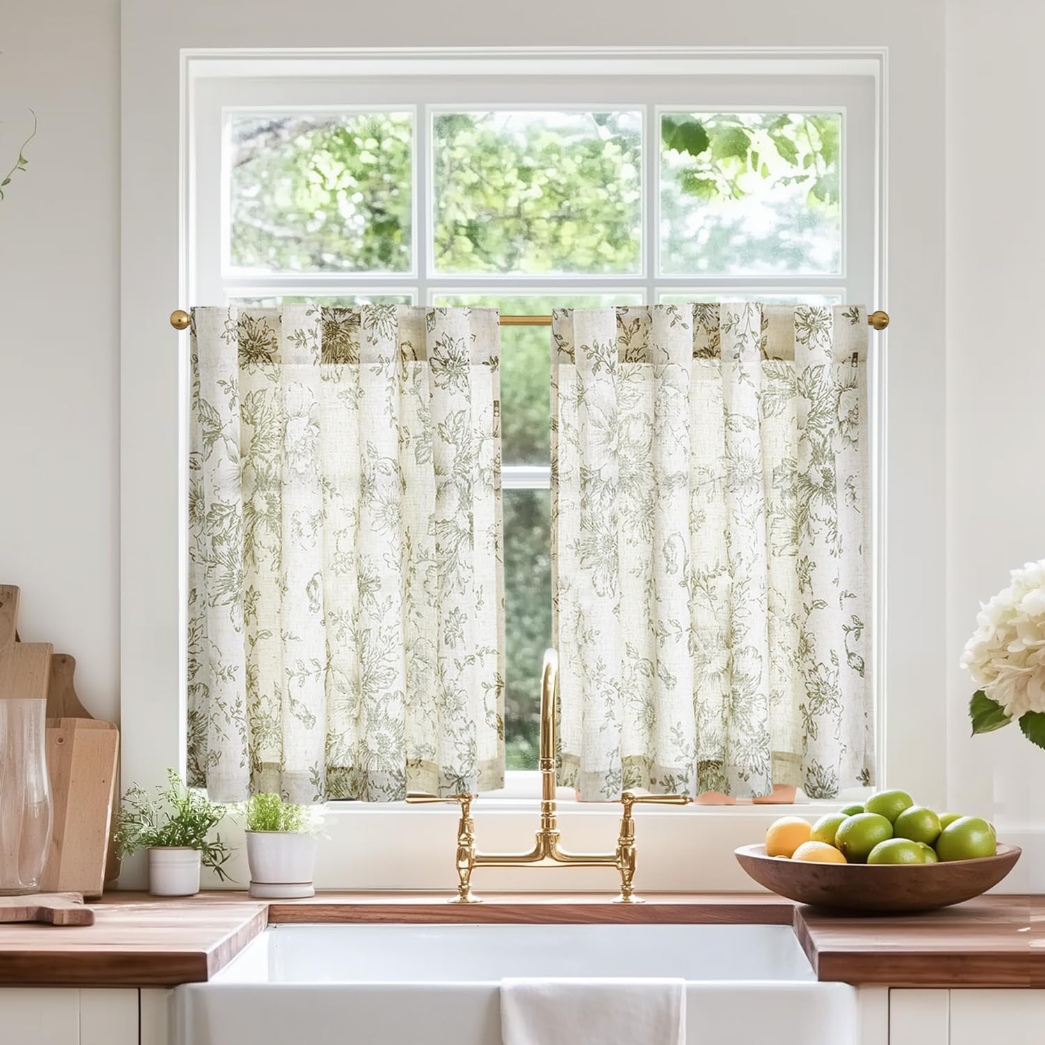 jinchan Linen Floral Tier Curtains 45 Inch Farmhouse Botanic Cafe Curtains Light Filtering Drapes for Small Windows Back Tab Hal