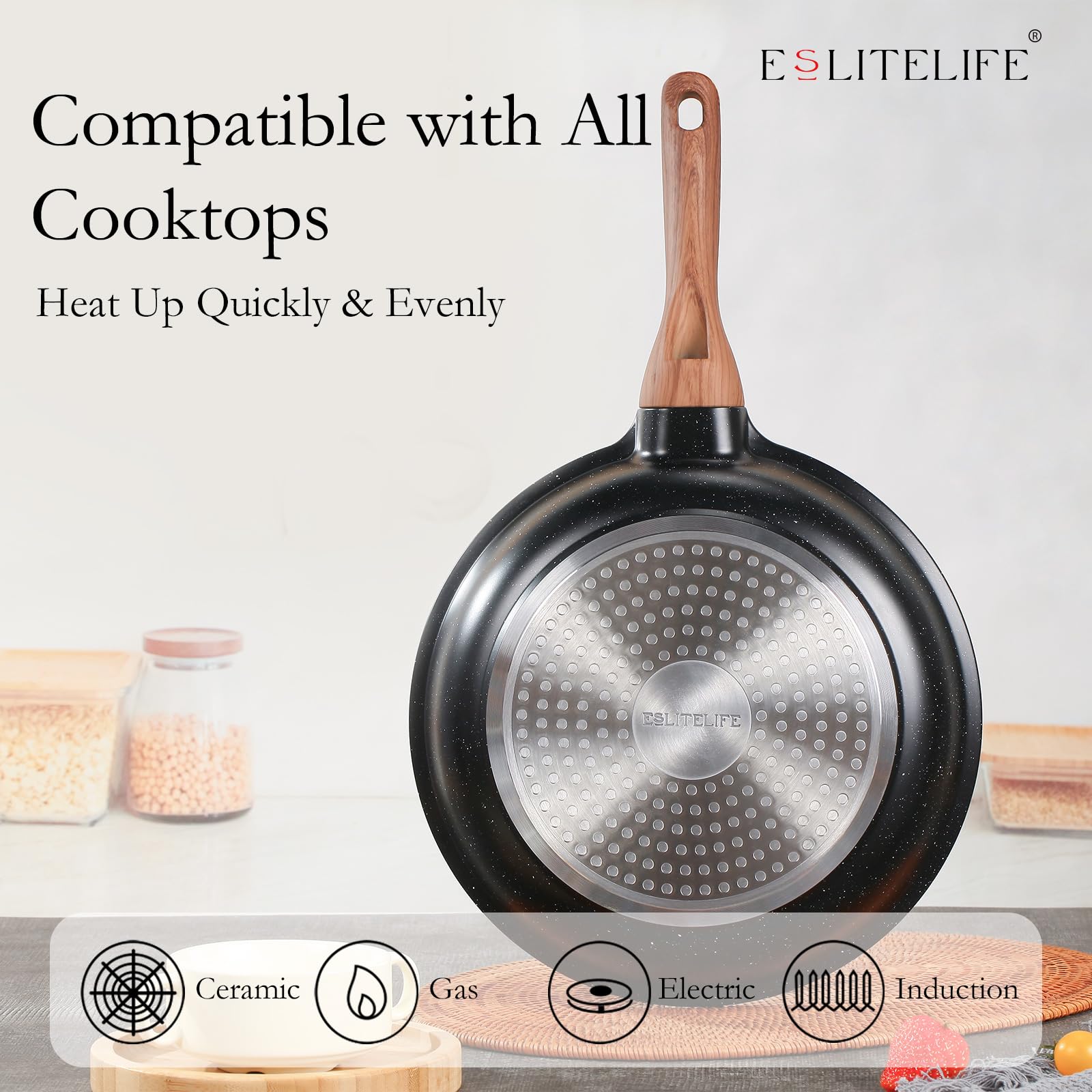 Eslite Life Nonstick Ceramic Frying Pans Skillets Set With Lids, Non-Toxic Egg Omelette Kitchen Cooking Pans Compatible With All