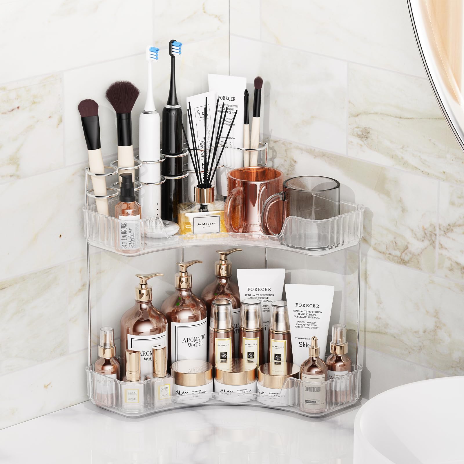 Asayuee 2-Tier Corner Bathroom Counter Organizer With Top Toothbrush Holders,Large Makeup Organizer Countertop With Brush Holder
