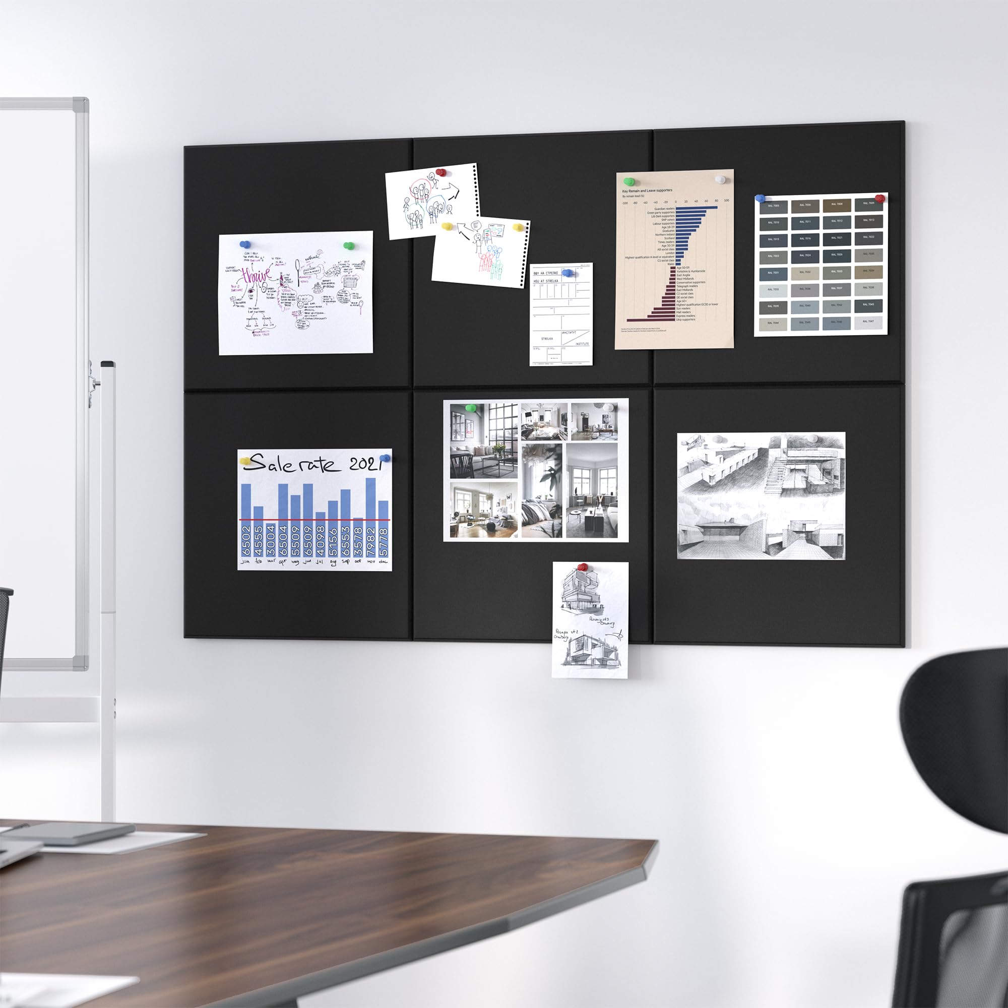 Neatsure Large Cork Board for Wall, Black Felt Bulletin Board with Pushpins, 36 x 24 6 Panels Wall Tiles, Tack Push Pin Boards f