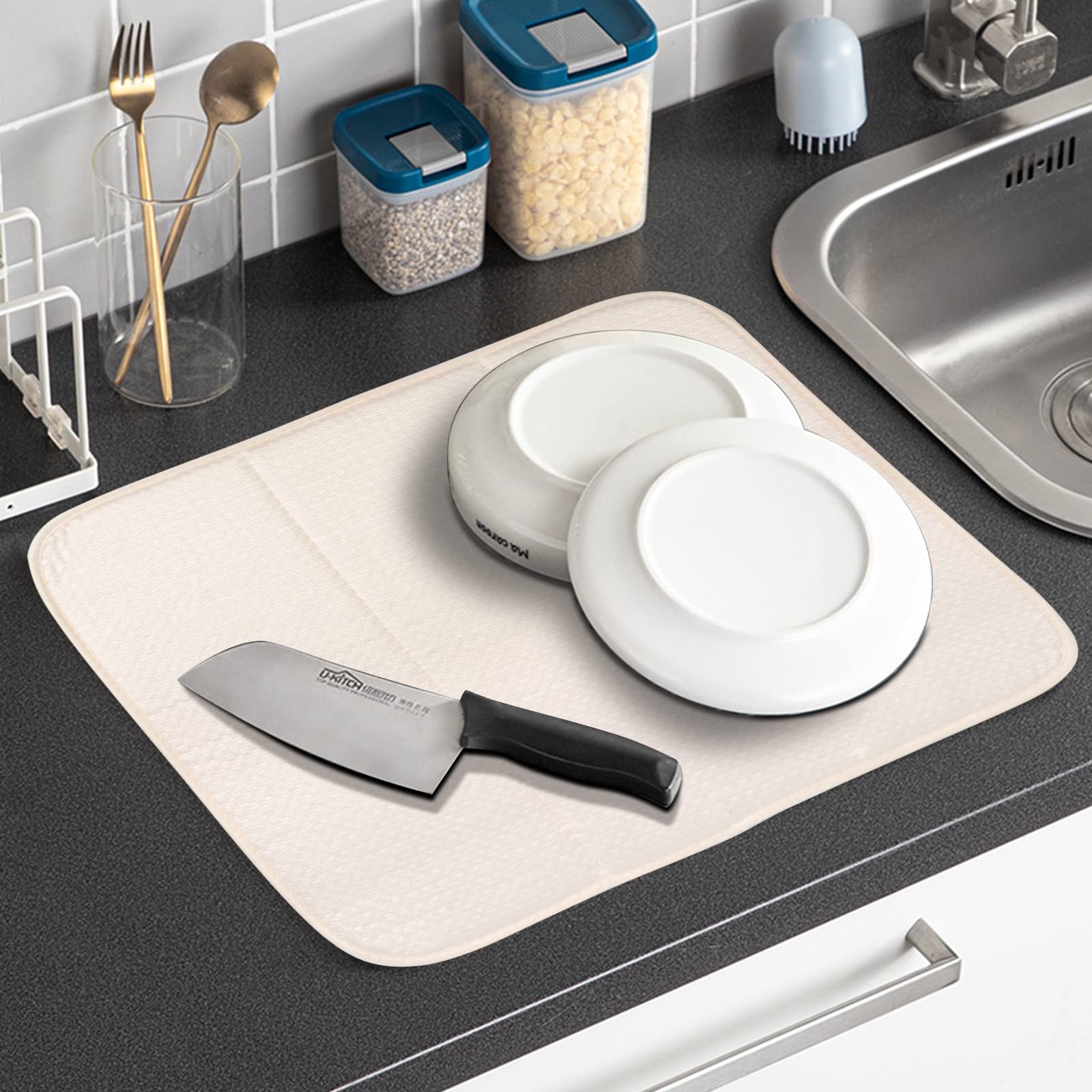 Sinland Microfiber Dish Drying Mat Super Absorbent Dish Drying Rack Pads Kitchen Counter Mat (16Inch X 18Inch, Creamx2)