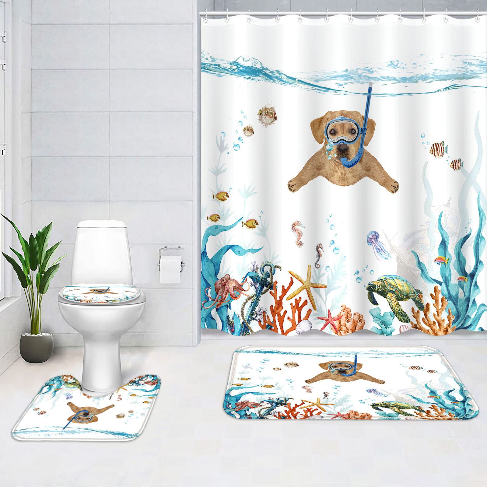 Fungarth 4 Pcs Funny Dog Shower Curtain Set With Rug Teal Blue Sea Ocean Bathroom Sets With Waterproof Fabric Shower Curtain And