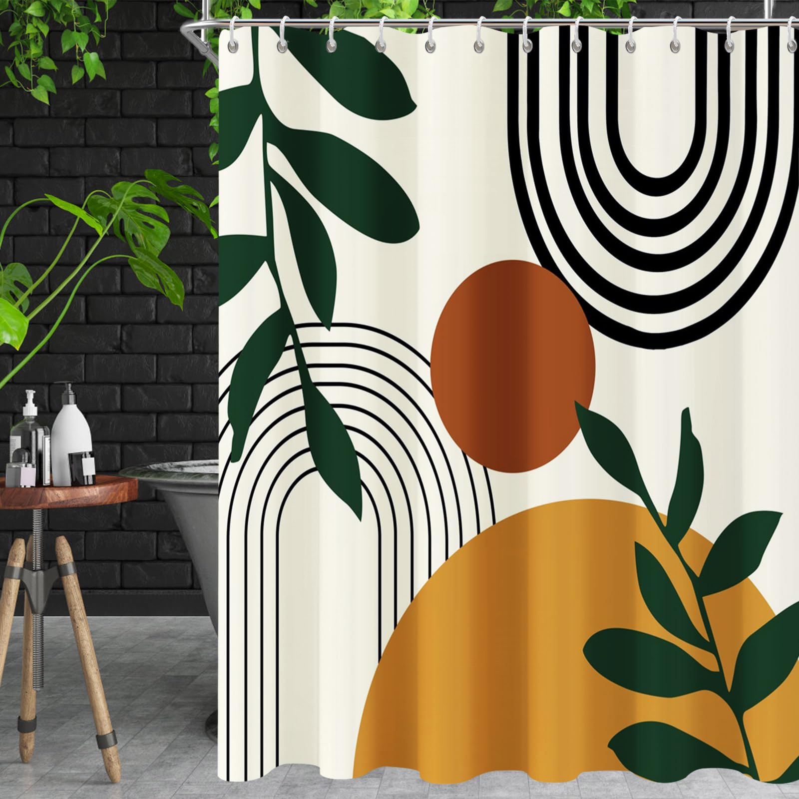 Necsole Shower Curtain Boho Shower Curtains For Bathroom Mid Century Moon Leaf Fabric Shower Curtains Sets Beige Modern Minimali