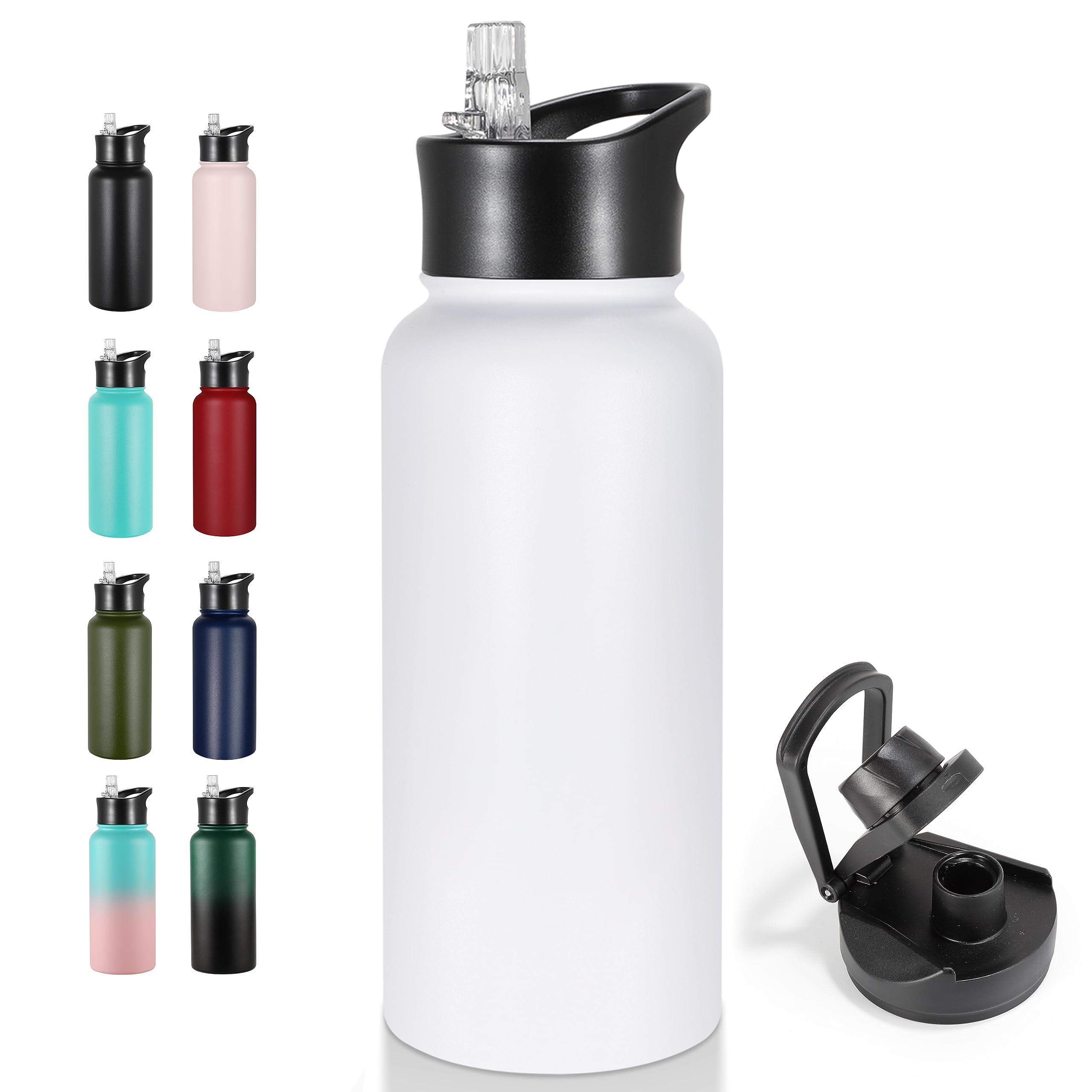 Vegond 32 Oz Insulated Water Bottle Stainless Steel Metal Water Bottles With Leak Proof Straw Lid & Spout Lid, Wide Mouth Double