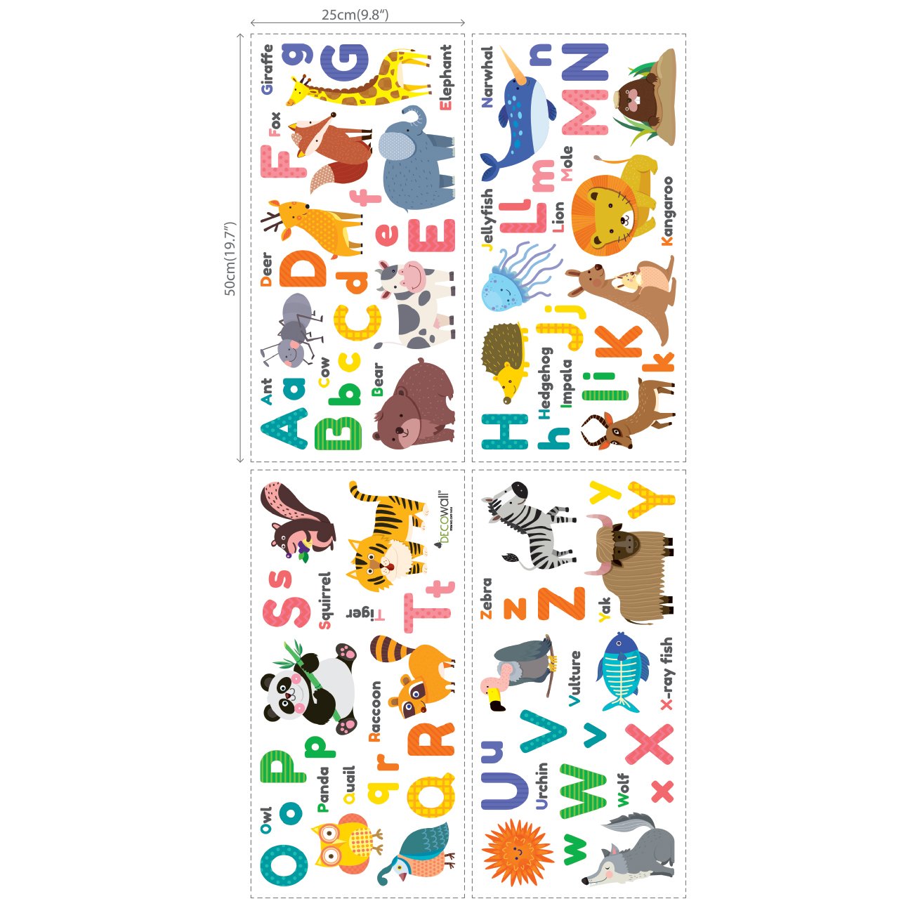 DECOWALL Kids Wall Stickers - Colourful Animal Alphabet Decals for Nursery & Bedroom, Peel and Stick, Removable, Model 1