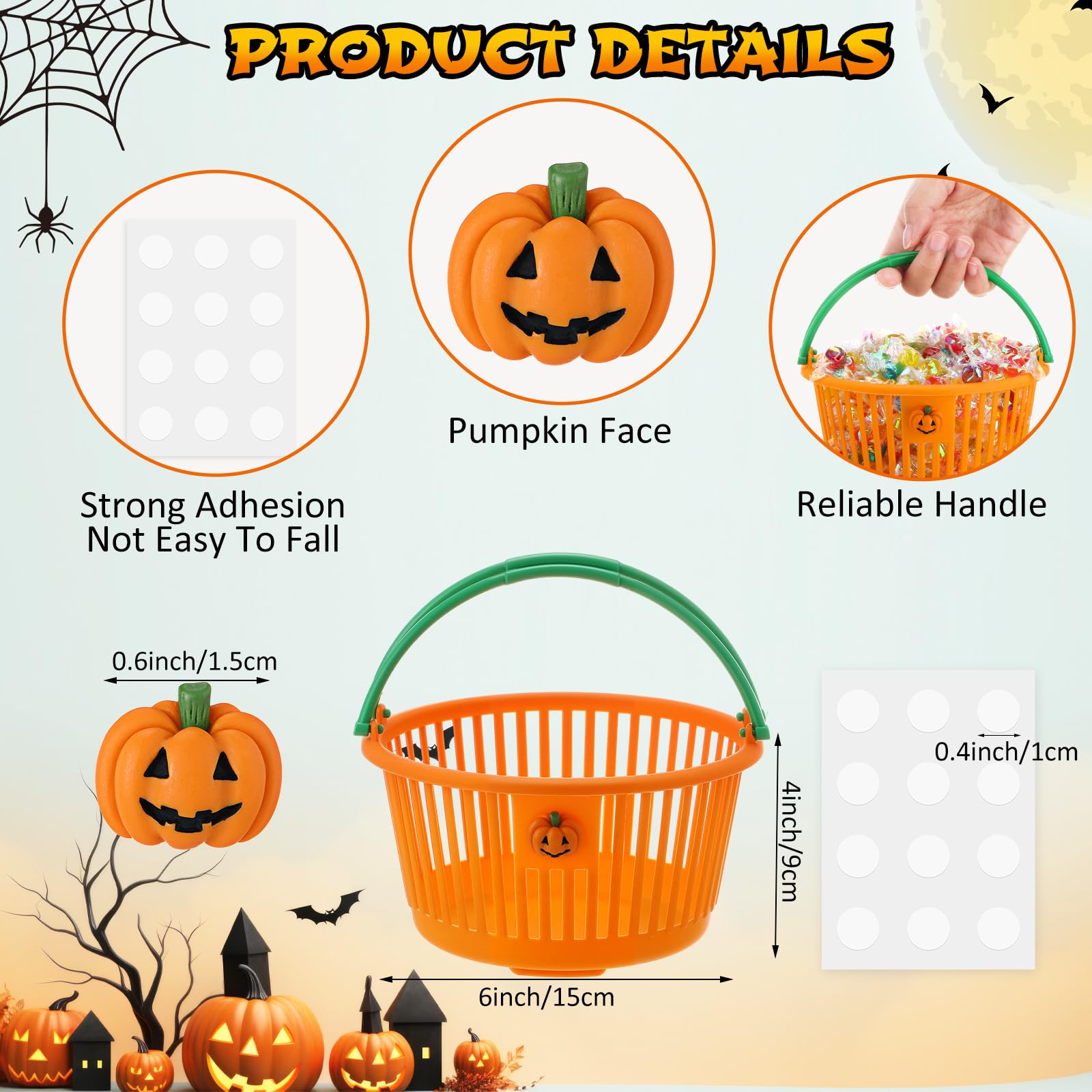 Potchen 12 Pcs Halloween Pumpkin Baskets Bulk Trick or Treat Candy Buckets Plastic Devil Smile Candy Basket with Handle Pumpkin