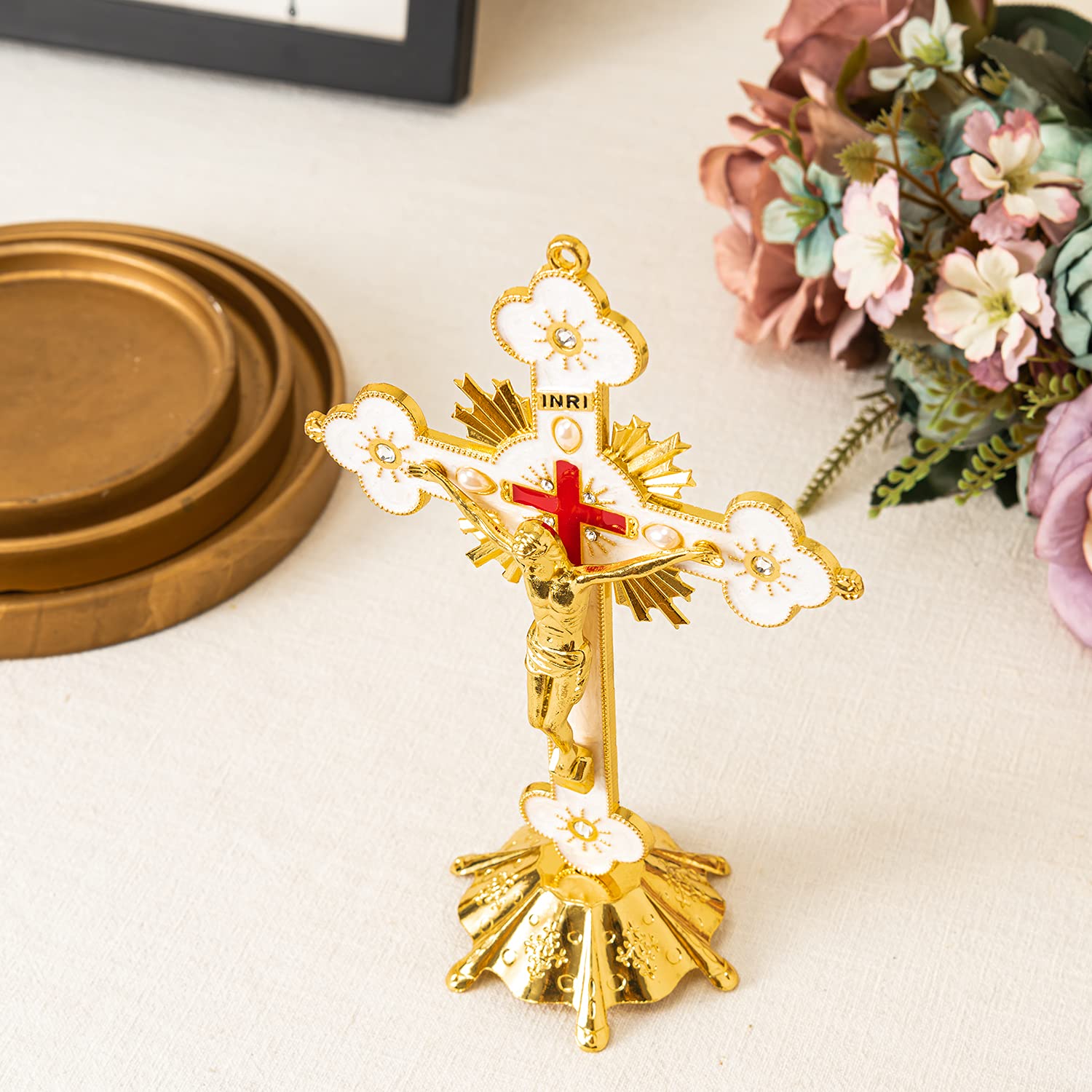 Calculs Metal Jesus Crucifix Table Cross - Catholic Table Cross With Stand For Christian Prayers Jerusalem Home Decor 8 Gold