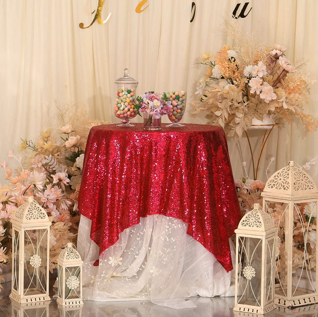 Partydelight Sequin Tablecloth, Sparkly Skirt, Christmas Decor, 50''X50'', Dark Red