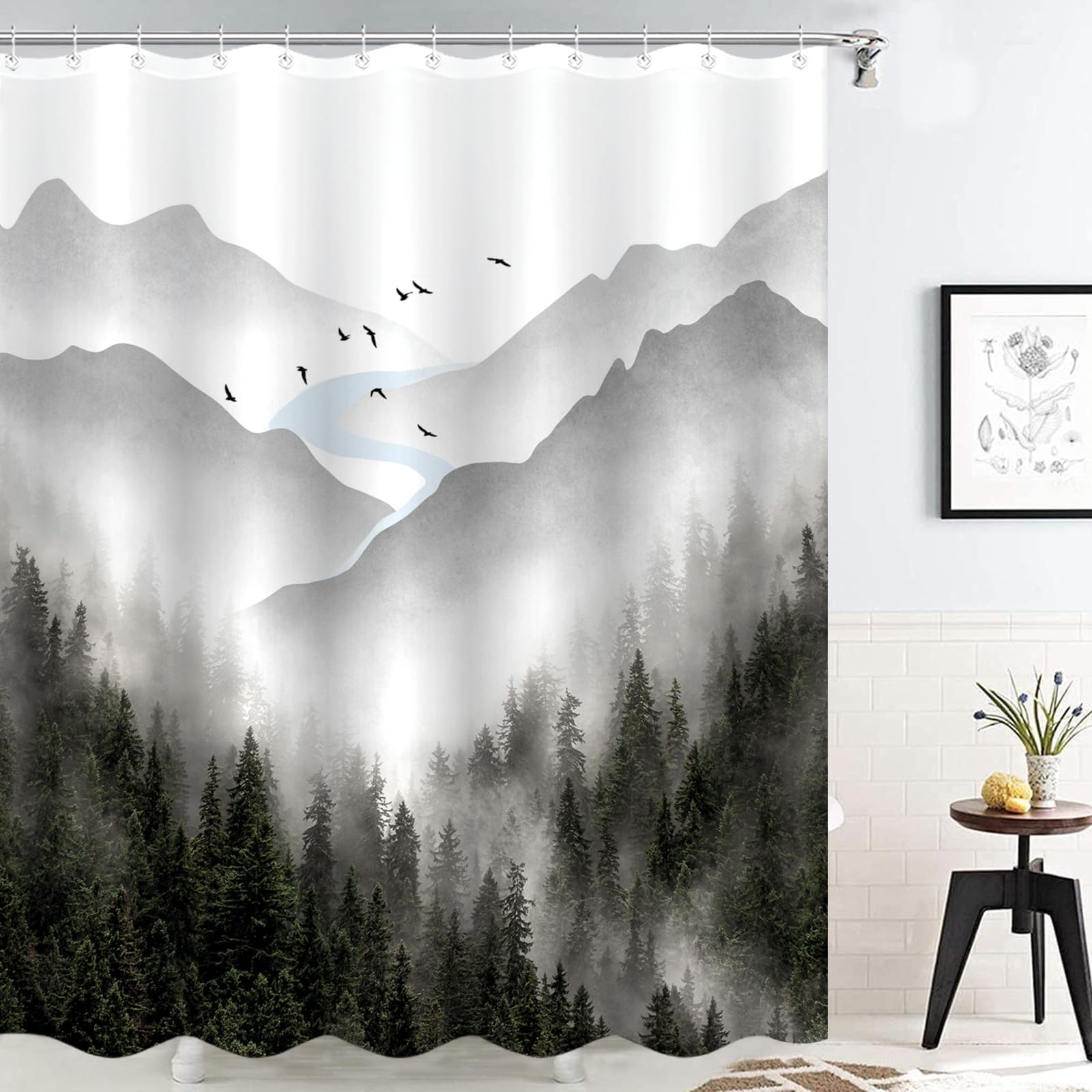 Zussun Long Gray Misty Forest Shower Curtain Grey Nature Foggy Tree Mountain Shower Curtains For Bathroom Waterproof Fabric Wood