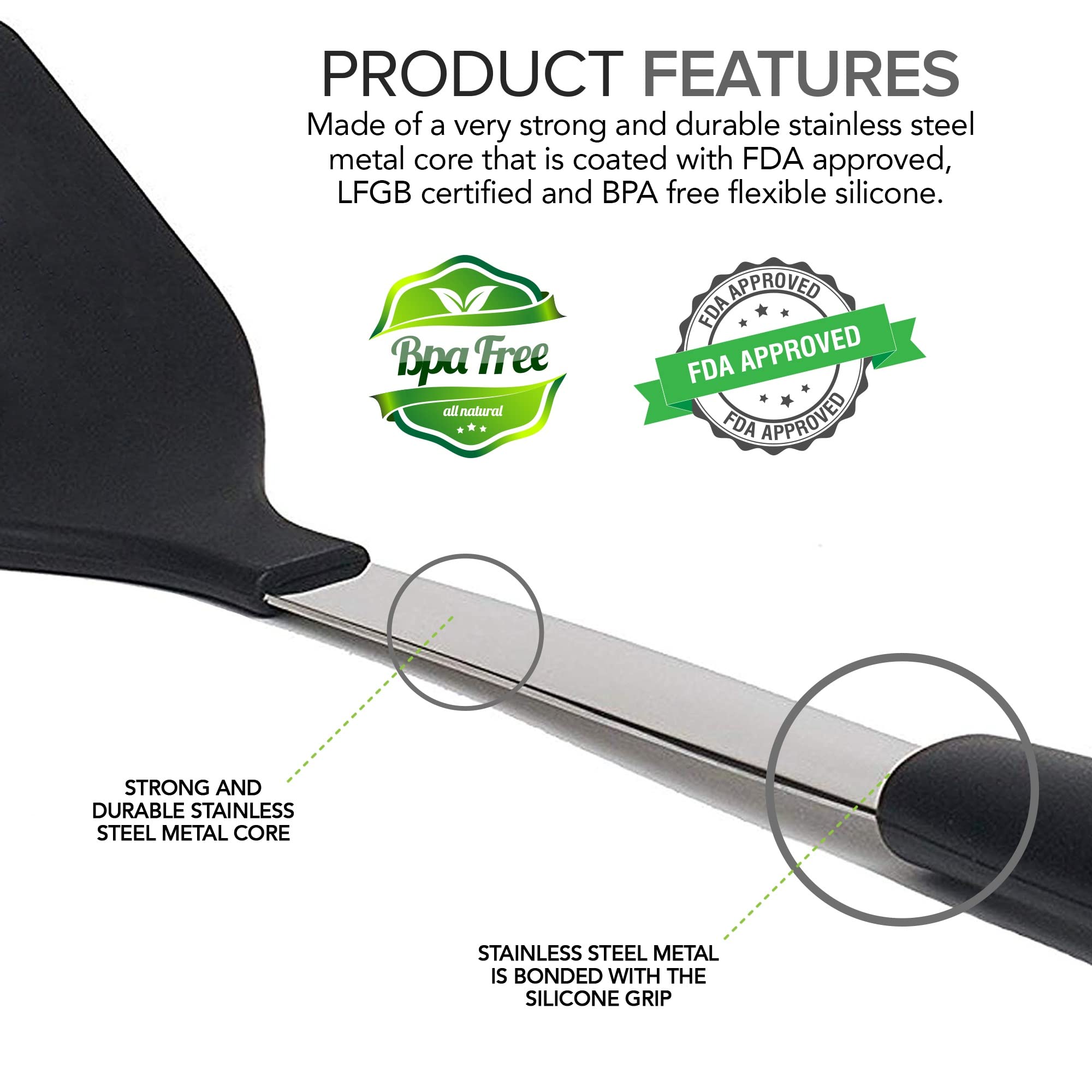 Daily Kitchen Spatulas Heat Resistant Silicone And Stainless Steel - Tongs And Turners With Rubber Grip - Flexible Silicone Spat