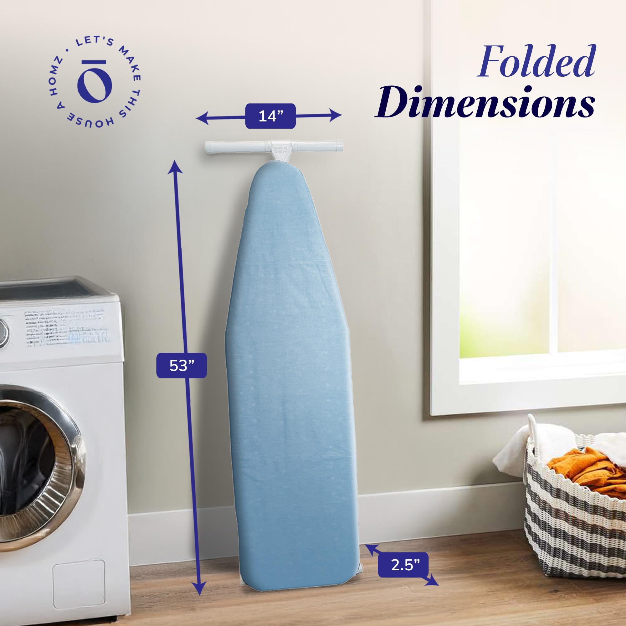 Homz T-Leg Clothes Ironing Board, Compact Foldable Standard Size Adjustable Height With Foam Pad & Cotton Cover, Light Blue