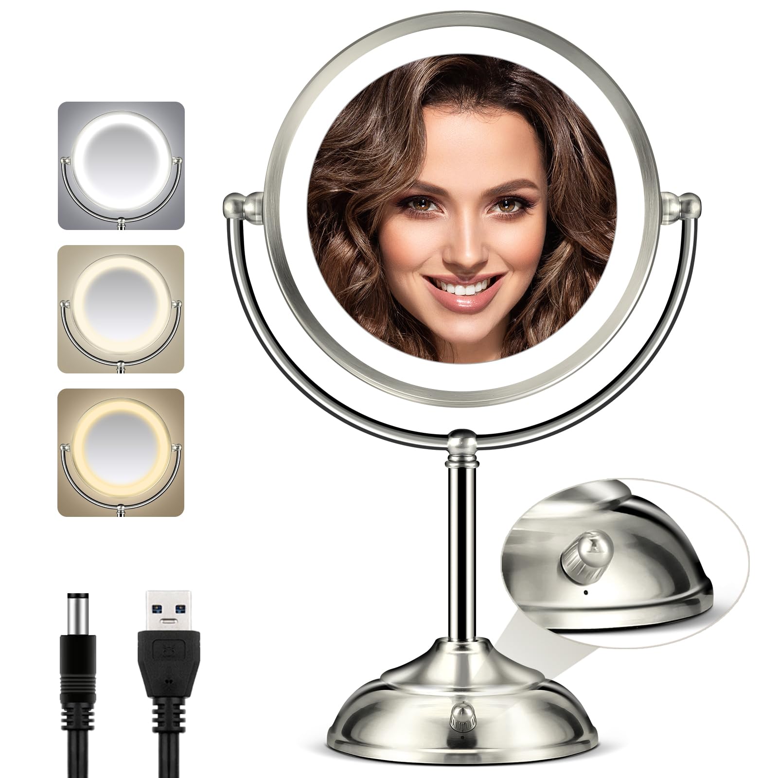Makeup Mirror With Lights, 20X Magnifying Mirror With Light And 3 Colors, 8.5'' Vanity Mirror For Desk And Adjustable Brightness