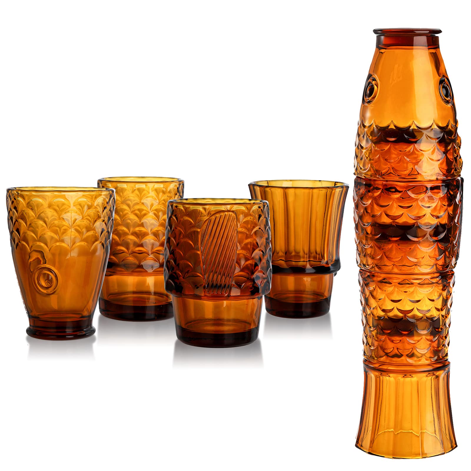 Frcctre Set Of 4 Koi Fish Design Drinking Glasses, Stackable Amber Tumbler Glasses Beverage Cups Juice Tumblers Drinking Water C