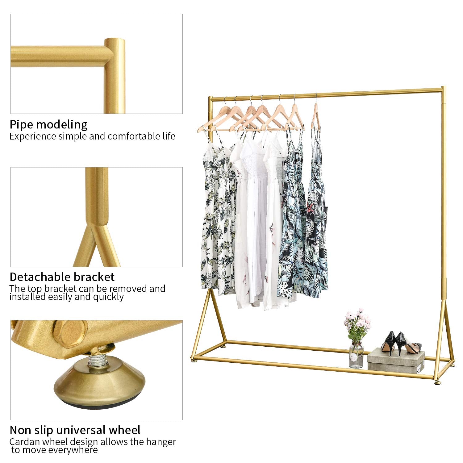 BOSURU Gold Pipe Clothing Racks Freestanding  Modern Metal Clothes Rack Heavy Duty  Easy Assemble Clothing Rack for Hanging Boutiques and Bedroom 59'' L