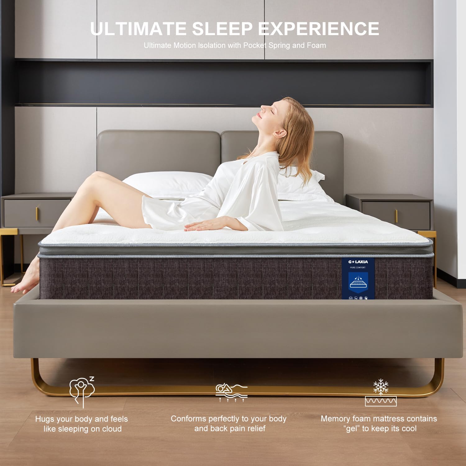 G Laxia 12 Inch Dark Grey Full Spring Mattress,Medium Firm With Gel Memory Foam,Individually Pocketed Coil,Fiberglass-Free Fire