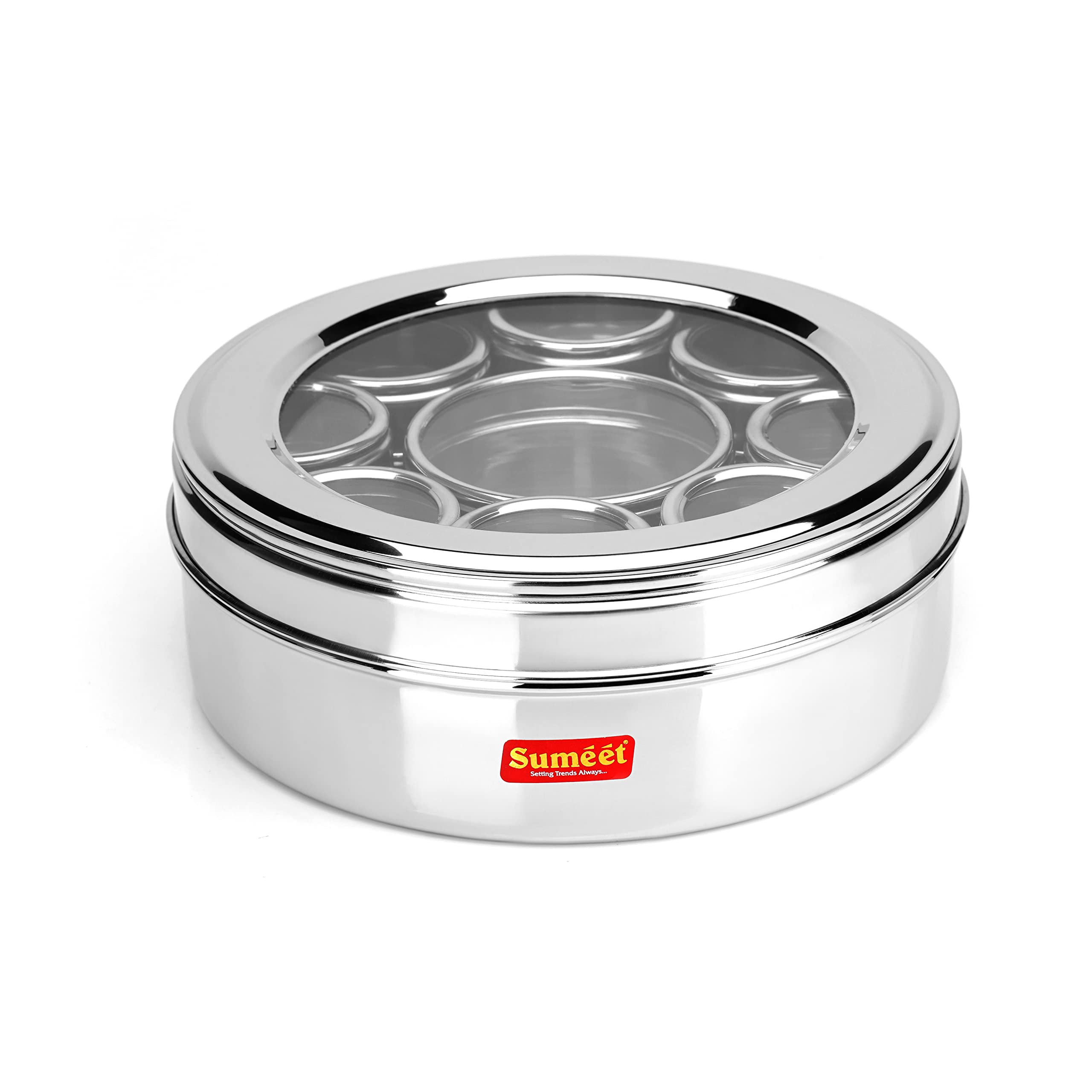 Sumeet 9 In 1 Stainless Steel Airtight Multi Masala Box/Organiser With See Through Lid, 9 Containers With Lid & 2 Spoon (20.5 Cm