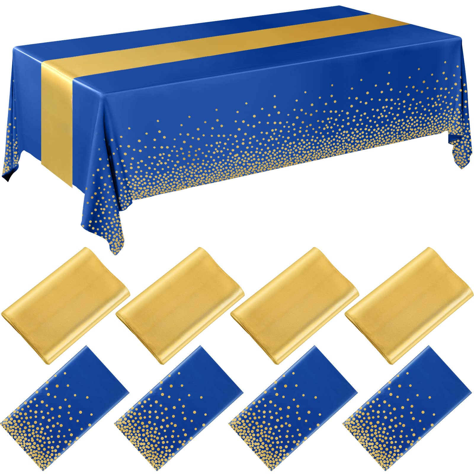 Breling 8 Pack Navy Blue and Gold Disposable Plastic Tablecloths and Satin Table Runner Set, 54 x 108 Inch Tablecloth, 12 x 108 