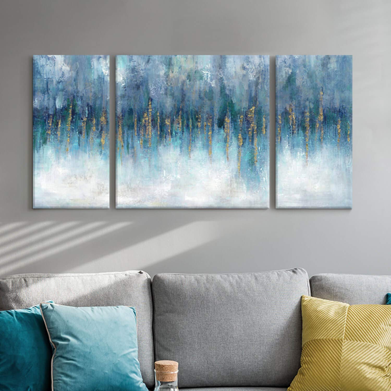Modern Picture Abstract Canvas Artwork:Blue & White Wall Art On Canvas Painting For Office (24'' X 24'' X 1 Panel + 24'' X 12''