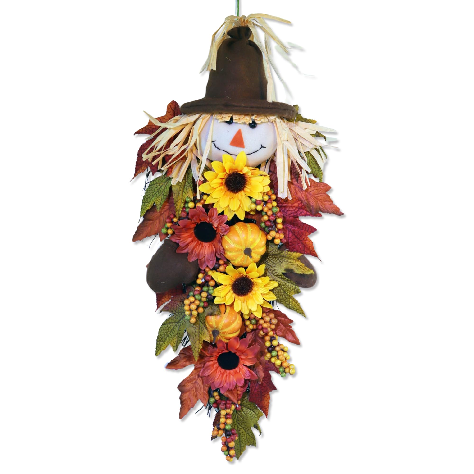 24 Rustic Fall Scarecrow Teardrop Swag - Farmhouse Sunflower & Pumpkin Wreath - Autumn Harvest Hanging Decor for Front Door, Wal