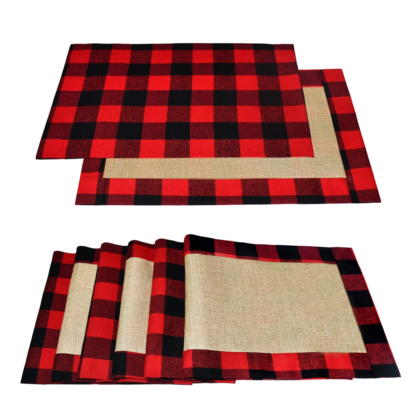 Senneny Set Of 6 Christmas Placemats Buffalo Check Placemats Red Black Plaid Reversible Burlap & Cotton Placemats For Christmas