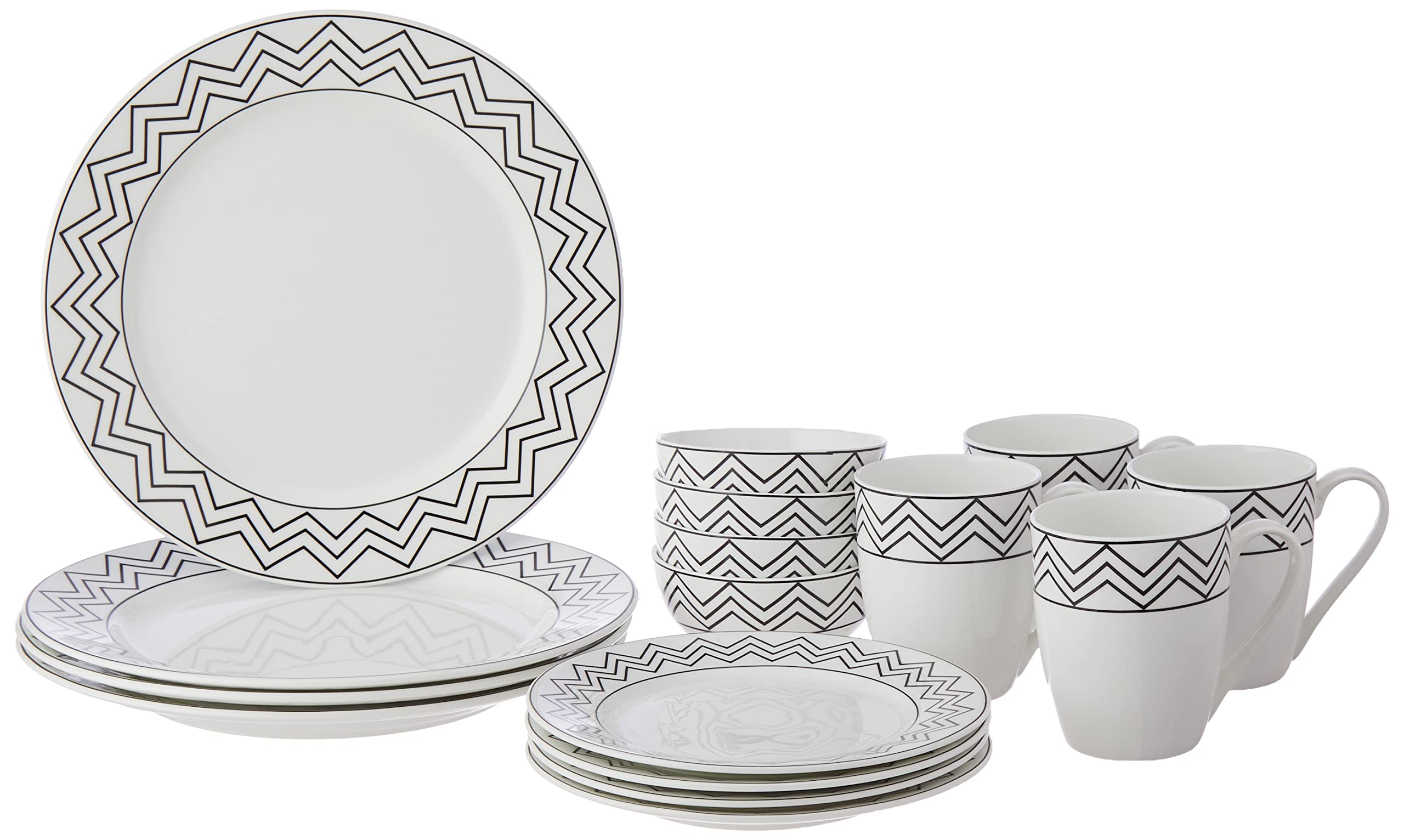 Amazon Brand  Solimo Ceramic Checkered 16 Piece Dinner Set | 4 Dinner Plates, 4 Quarter Plates, 4 Mugs & 4 Small Bowls | Zig Za