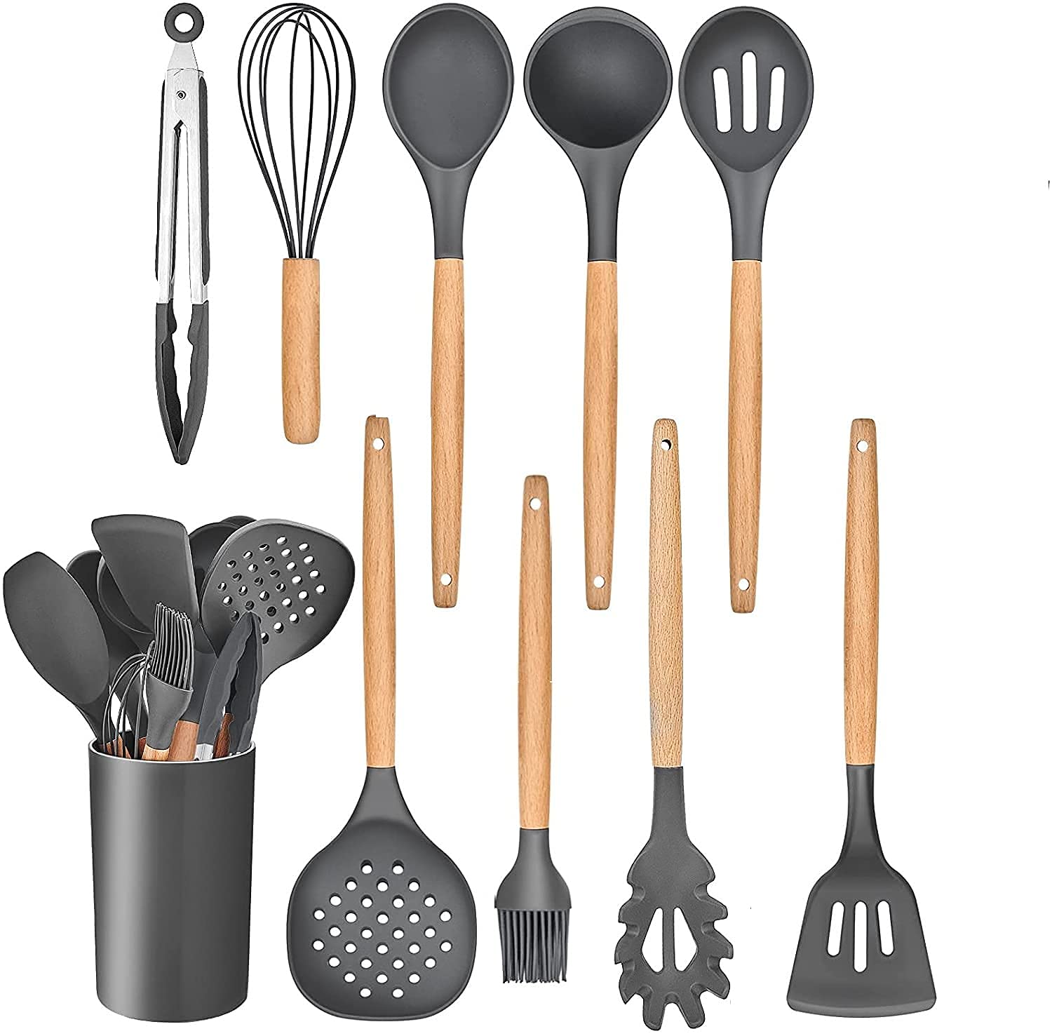 Mountblue Kitchen Cooking Utensils Set, 11 Pcs NonStick Silicone Cooking Kitchen Utensils Spatula Set With Bucket, Wooden Handl