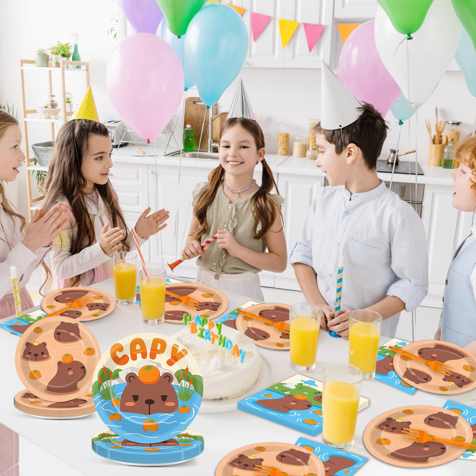 Obusatt 96Pcs Capybara Birthday Party Supplies Capybara Paper Plates Napkins Capybara Party Decorations Zoo Pals Dinnerware Part