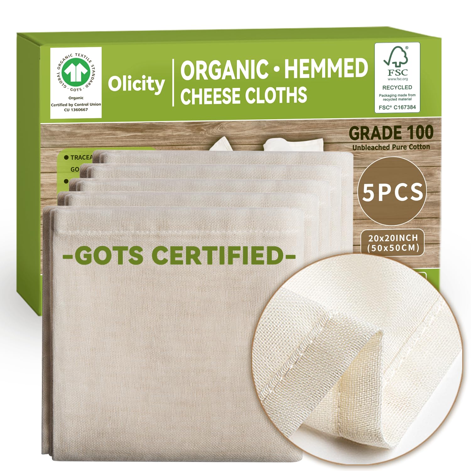 Organic Cheese Cloths, GOTS Certified, 5Pack, Grade 100, 20x20Inch Hemmed Cheese Cloth Fabric Reusable Fine Mesh Cloth, 100% Cot