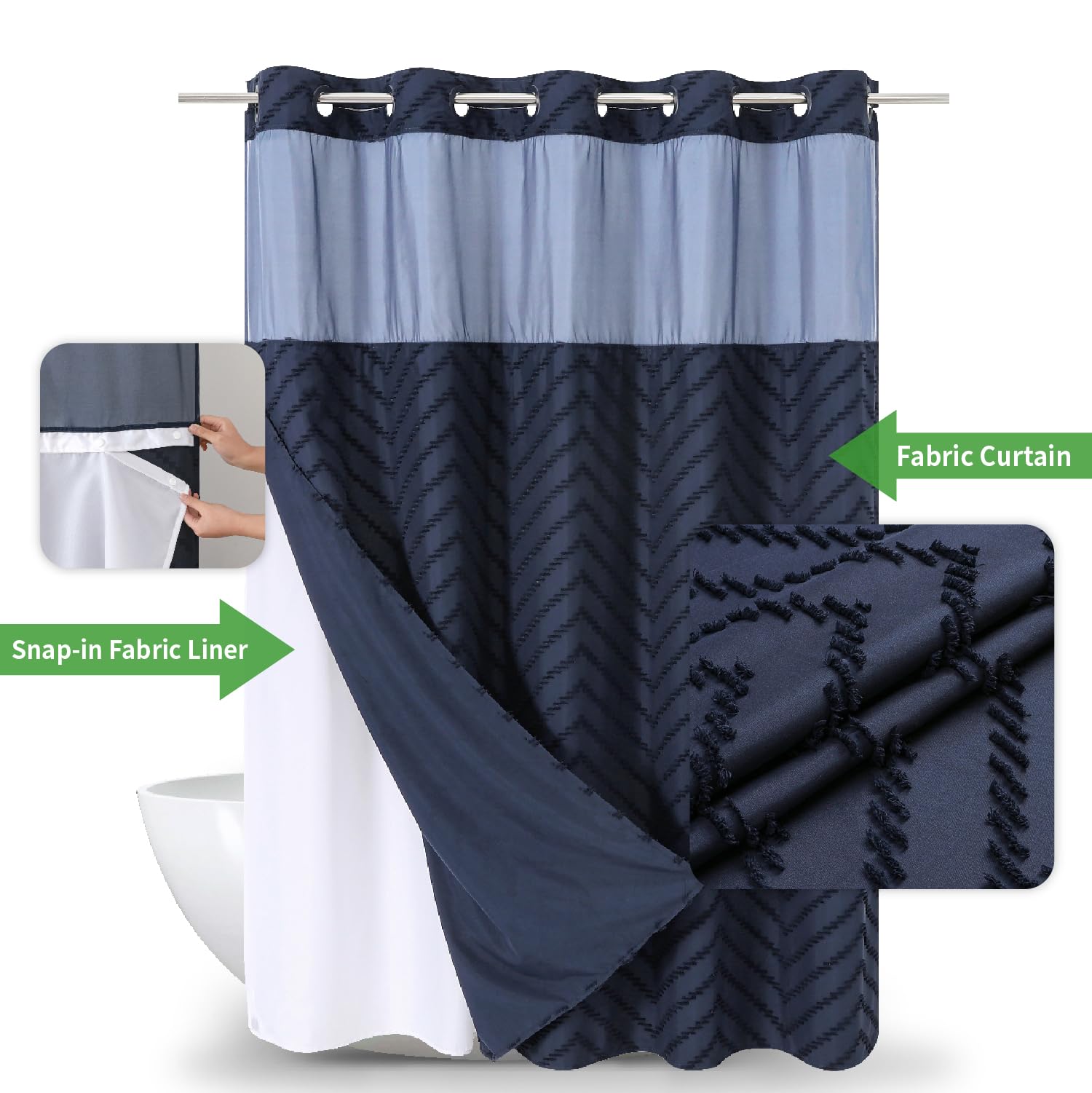 Eachope Extra Long No Hook Tufted Chevron Striped Shower Curtain With Snap-In Fabric Liner Set-71Wx86H(84H),Navy Blue Hotel Grad